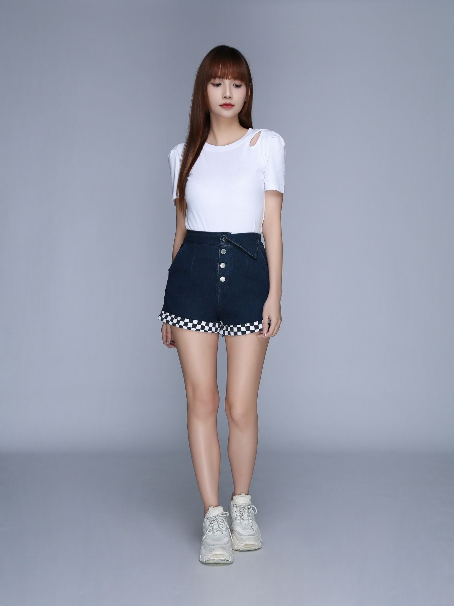 Denim With Checker Leg Side Breasted Button Short Pants 22994