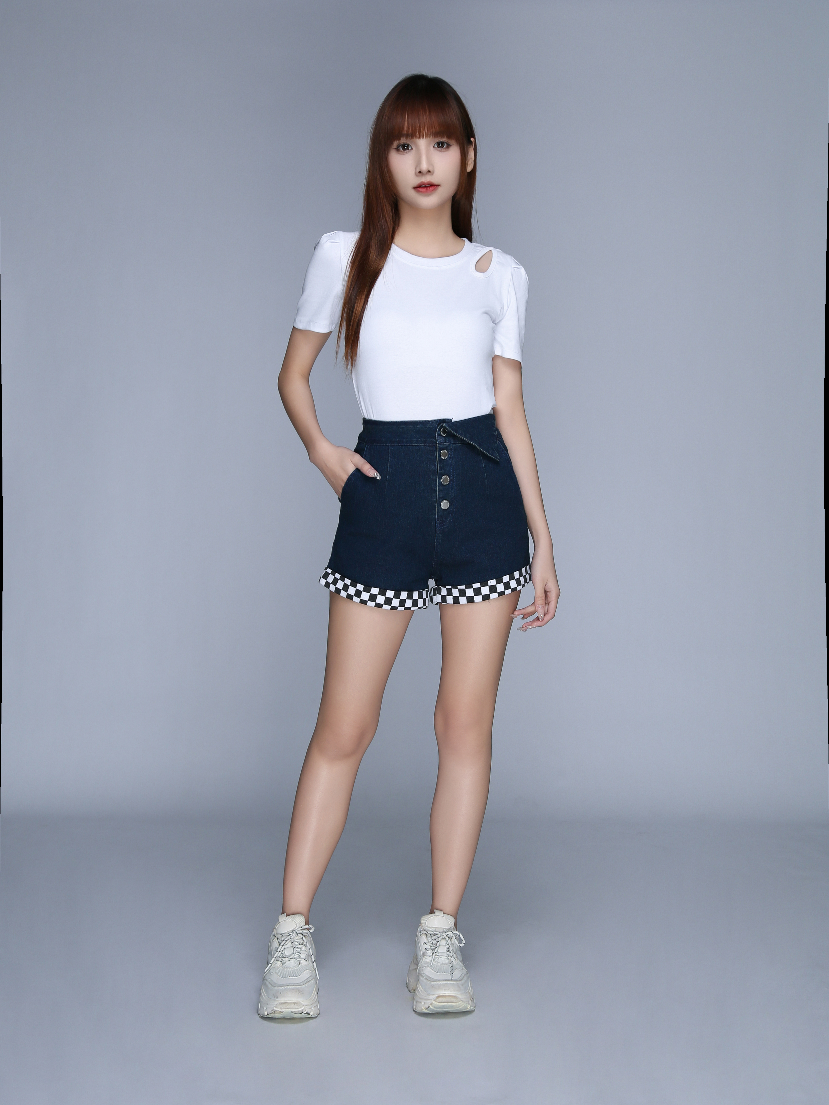 Denim With Checker Leg Side Breasted Button Short Pants 22994