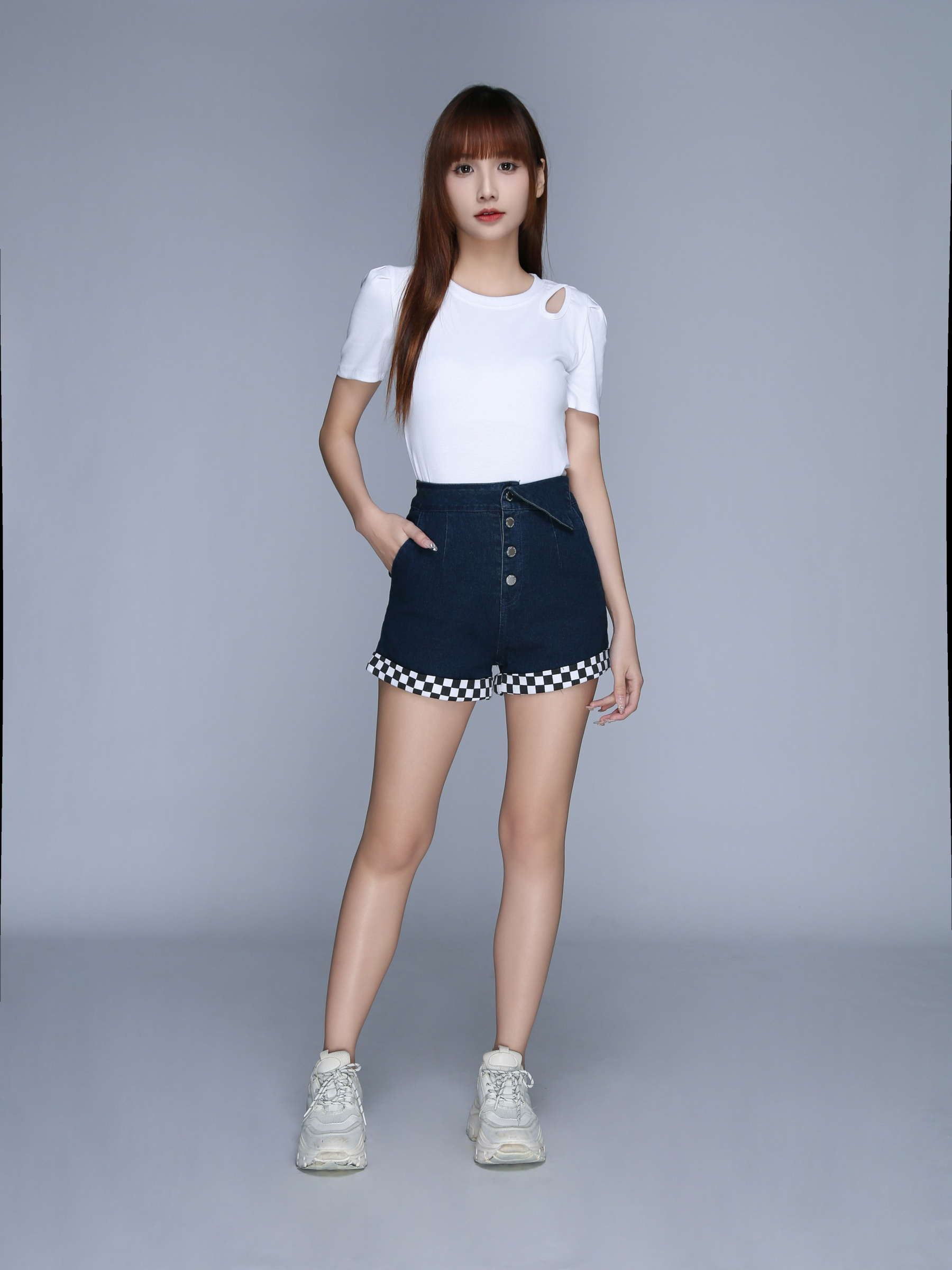 Denim With Checker Leg Side Breasted Button Short Pants 22994
