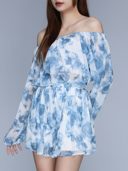 Off Shoulder Long Sleeve Top With Flower Pattern Short Pants 22883