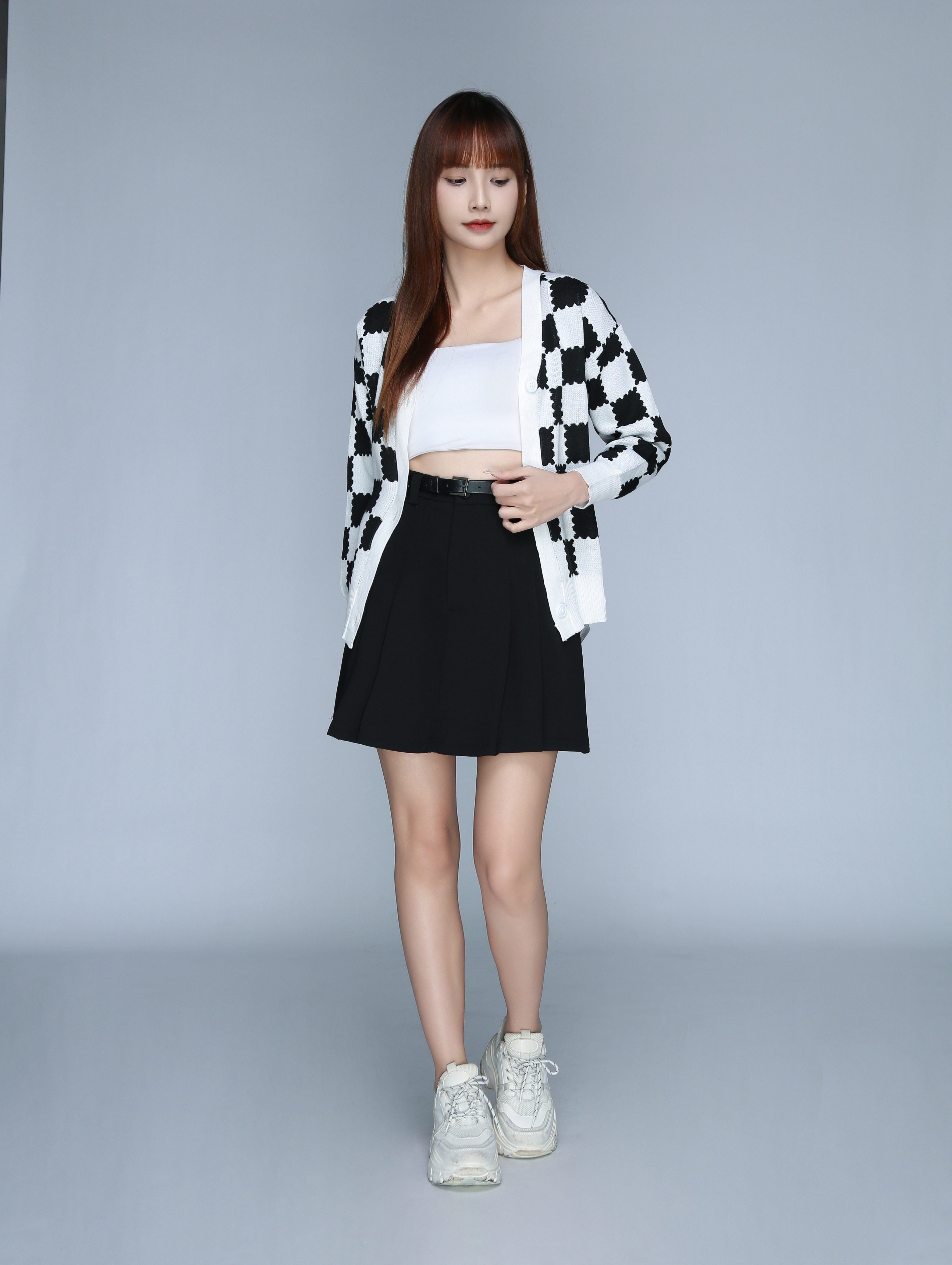 High Waist Side Pleated Skirt With Belt 22963