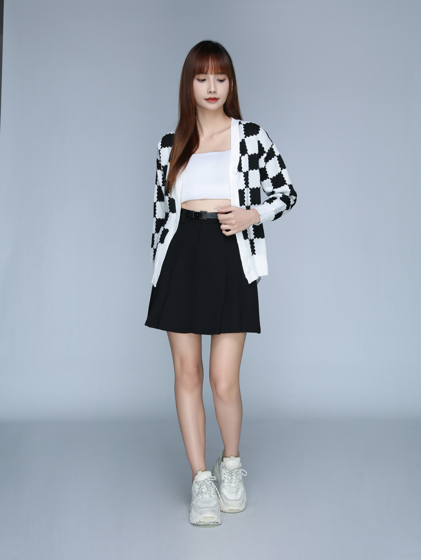 High Waist Side Pleated Skirt With Belt 22963