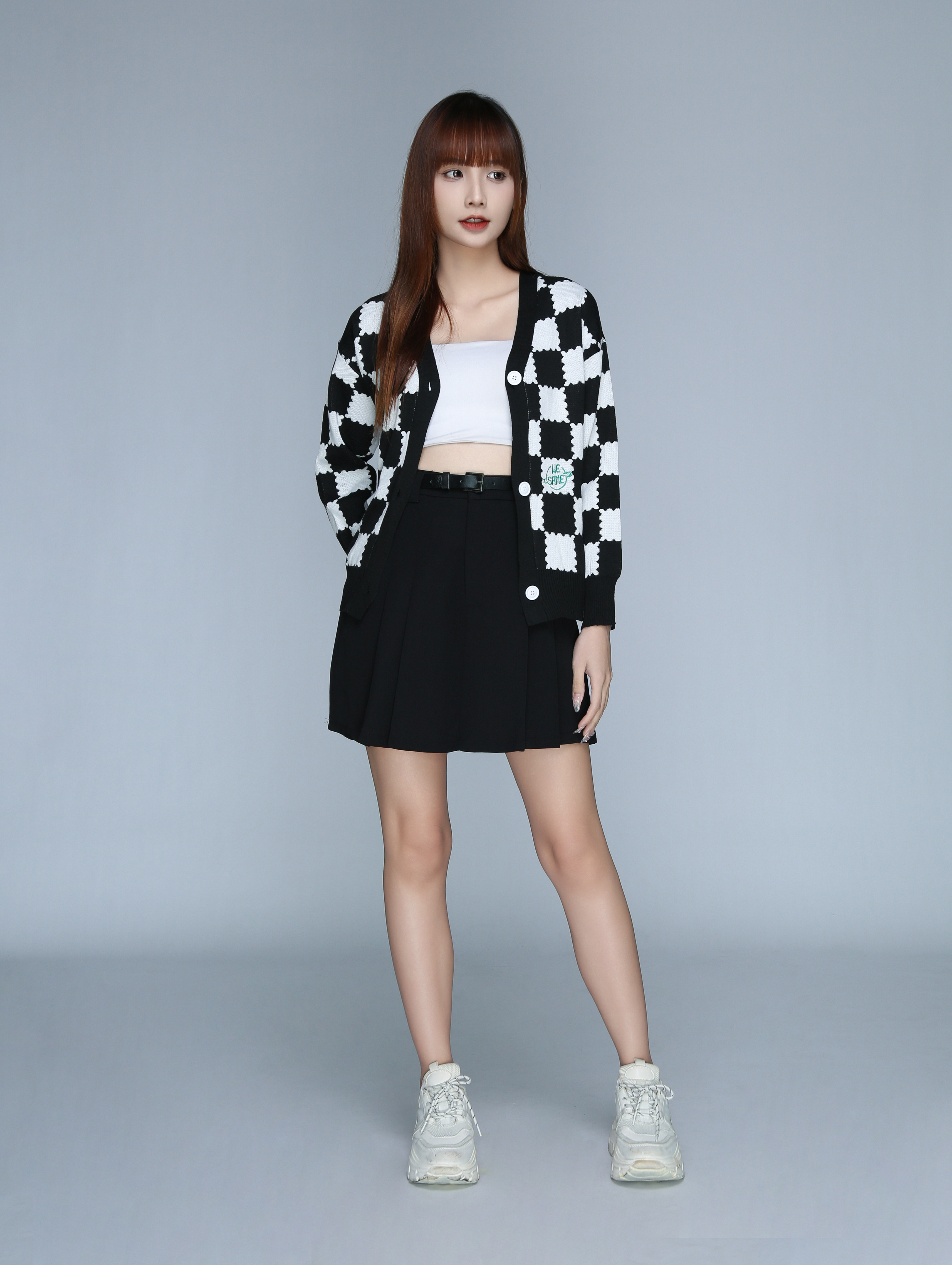 Long Sleeve Checker Button Top 22889