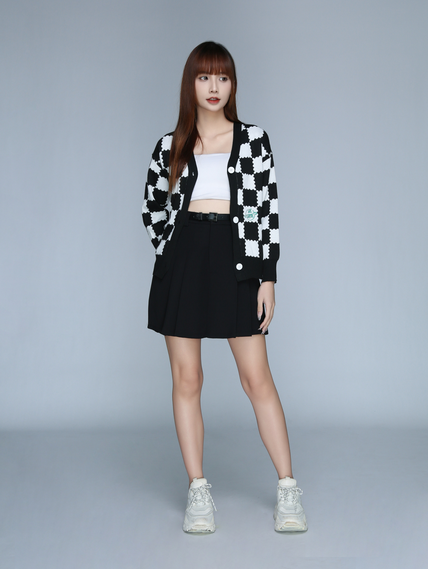 Long Sleeve Checker Button Top 22889