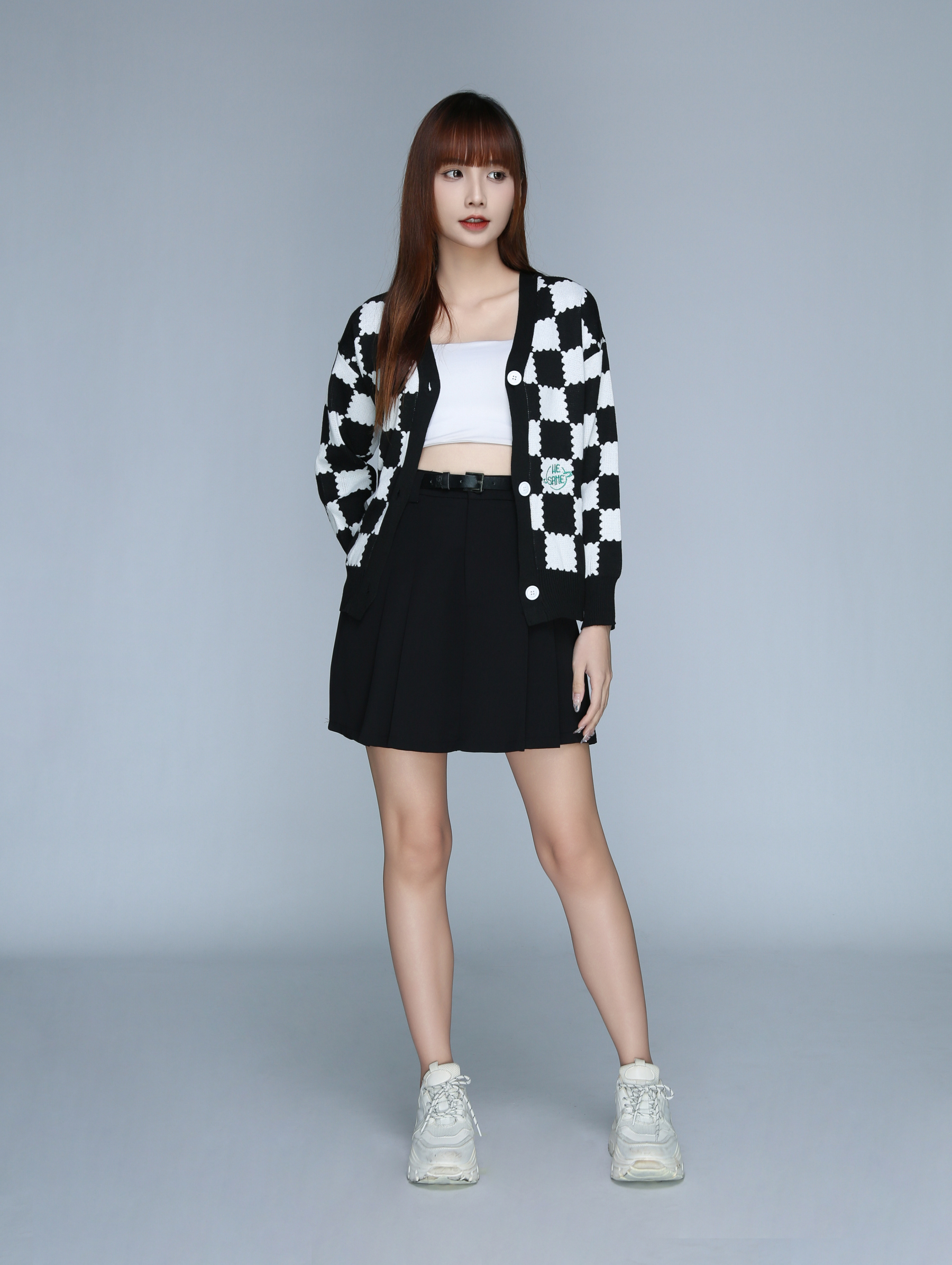 Long Sleeve Checker Button Top 22889