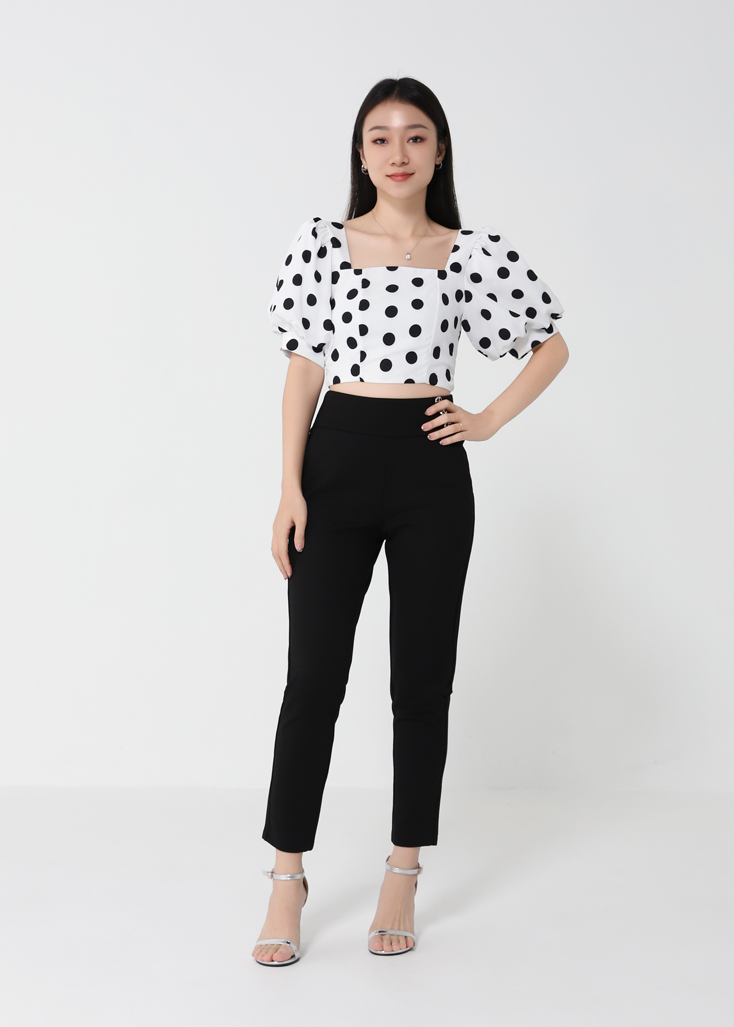 High Waist Side Decorative Button Long Pants 21825