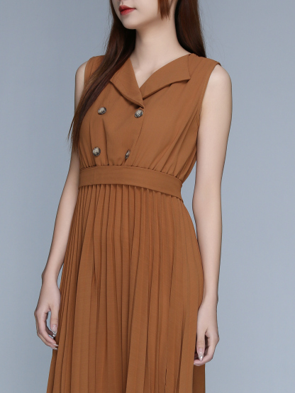 Sleeveless Pleated Front Button Dress 22901