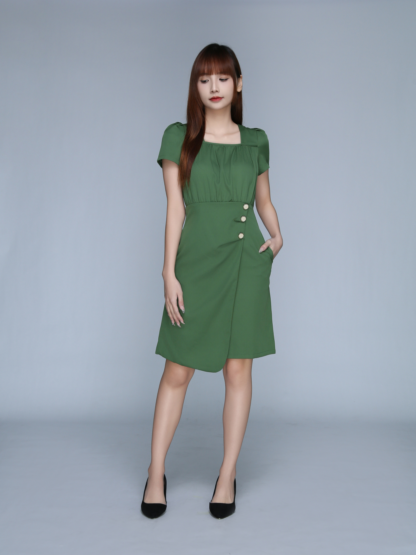 Square Neck Pleated Short Dress 22910