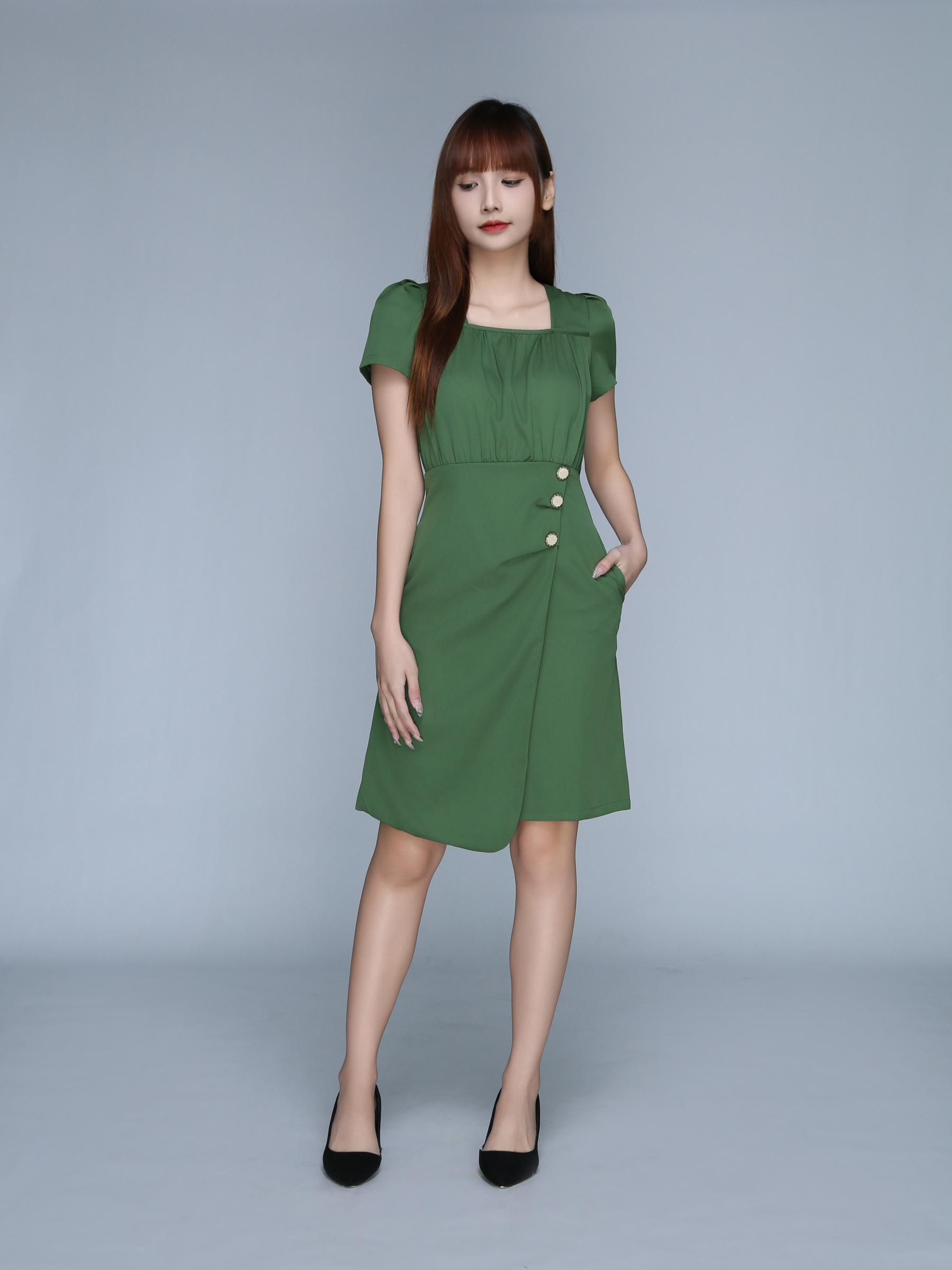 Square Neck Pleated Short Dress 22910