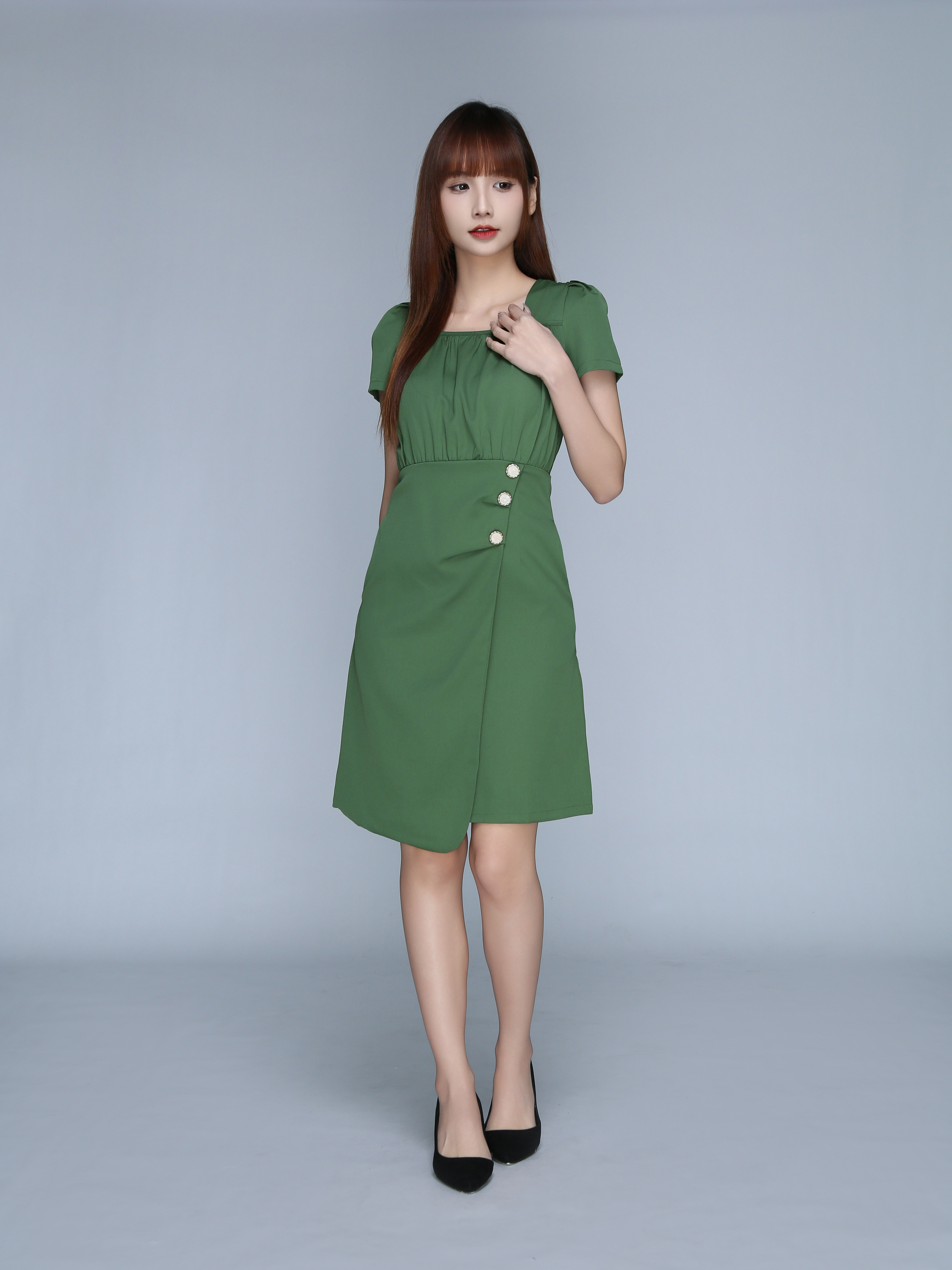 Square Neck Pleated Short Dress 22910