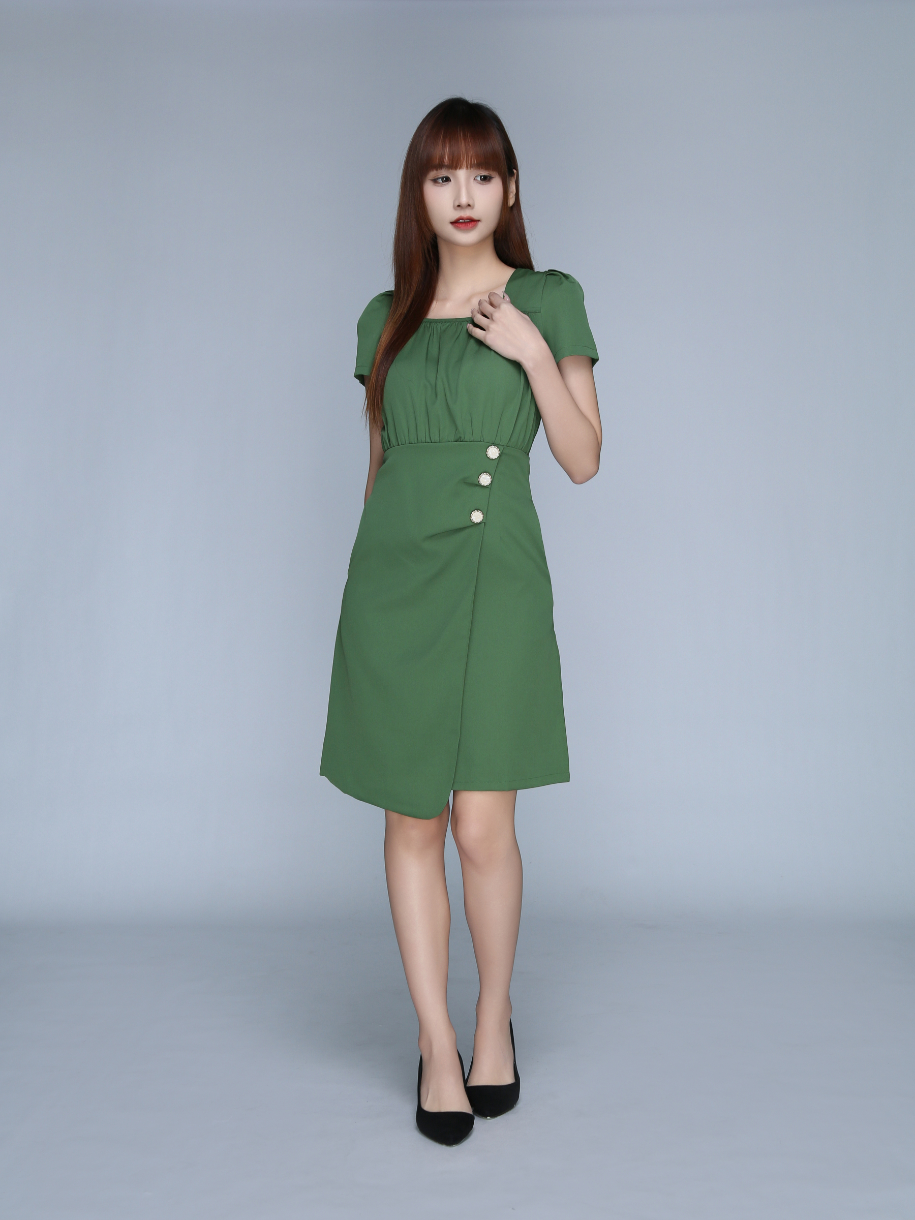 Square Neck Pleated Short Dress 22910