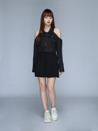 Denim Shoulder Hole Long Sleeve Top 22916