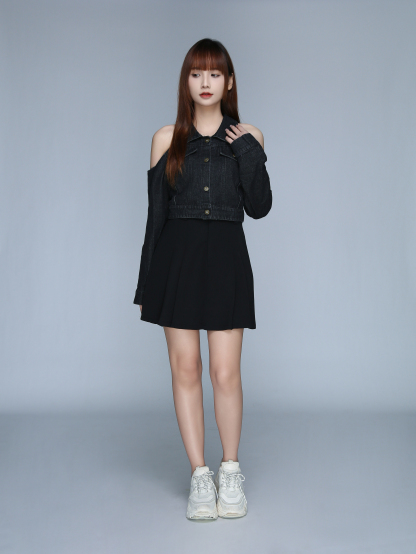 Denim Shoulder Hole Long Sleeve Top 22916