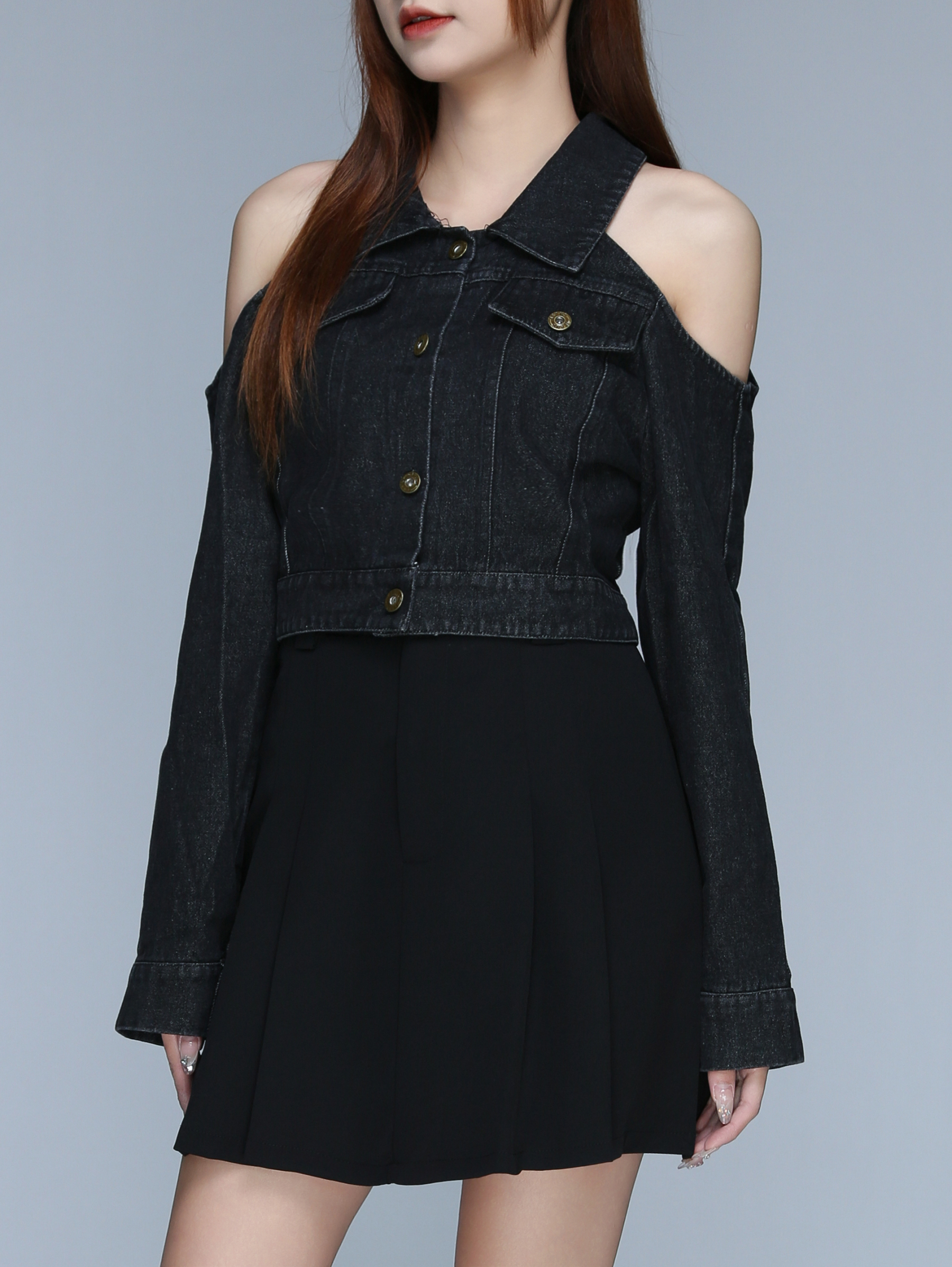 Denim Shoulder Hole Long Sleeve Top 22916