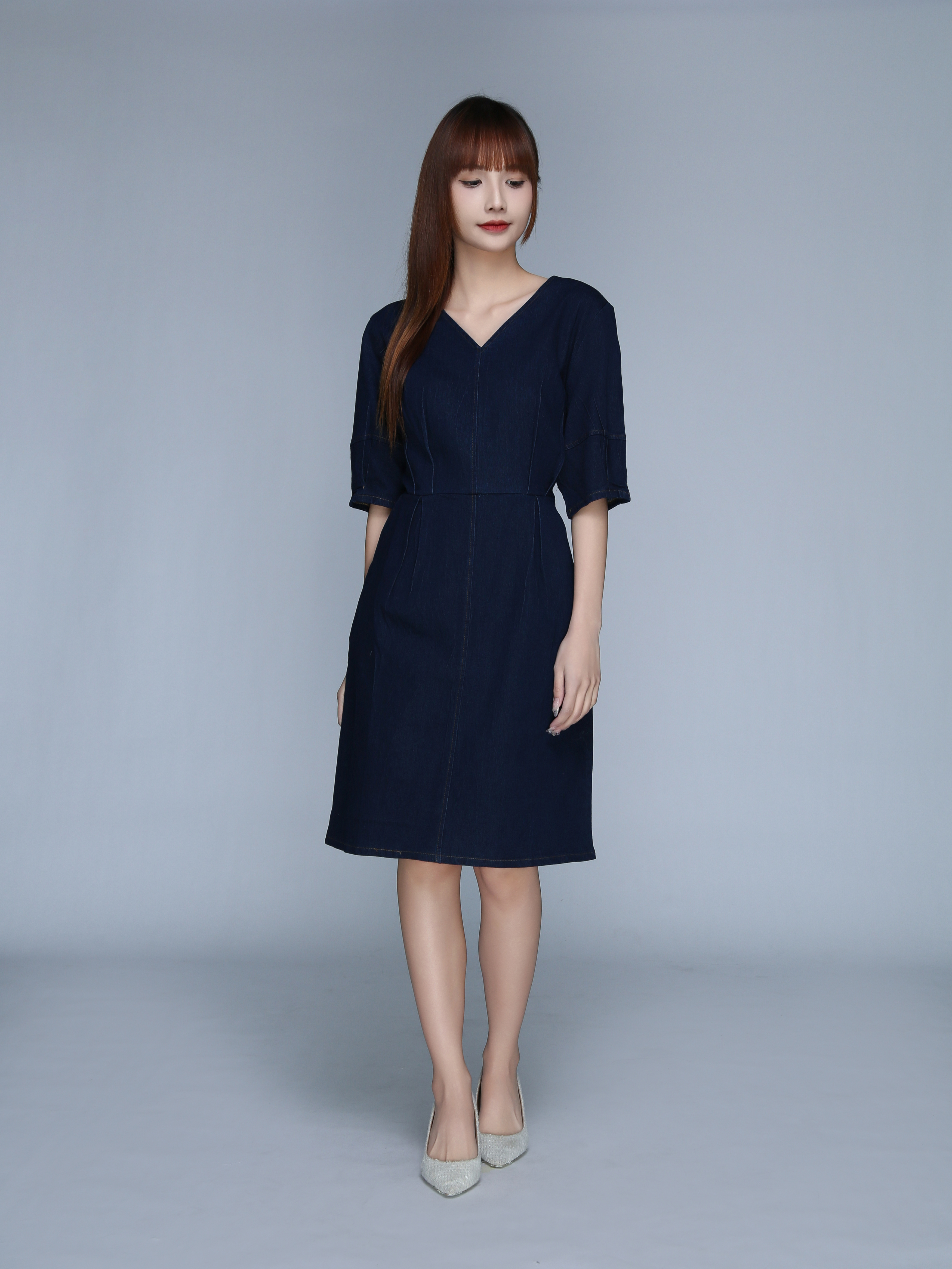 V Neck Denim Puff Sleeve Dress 22922