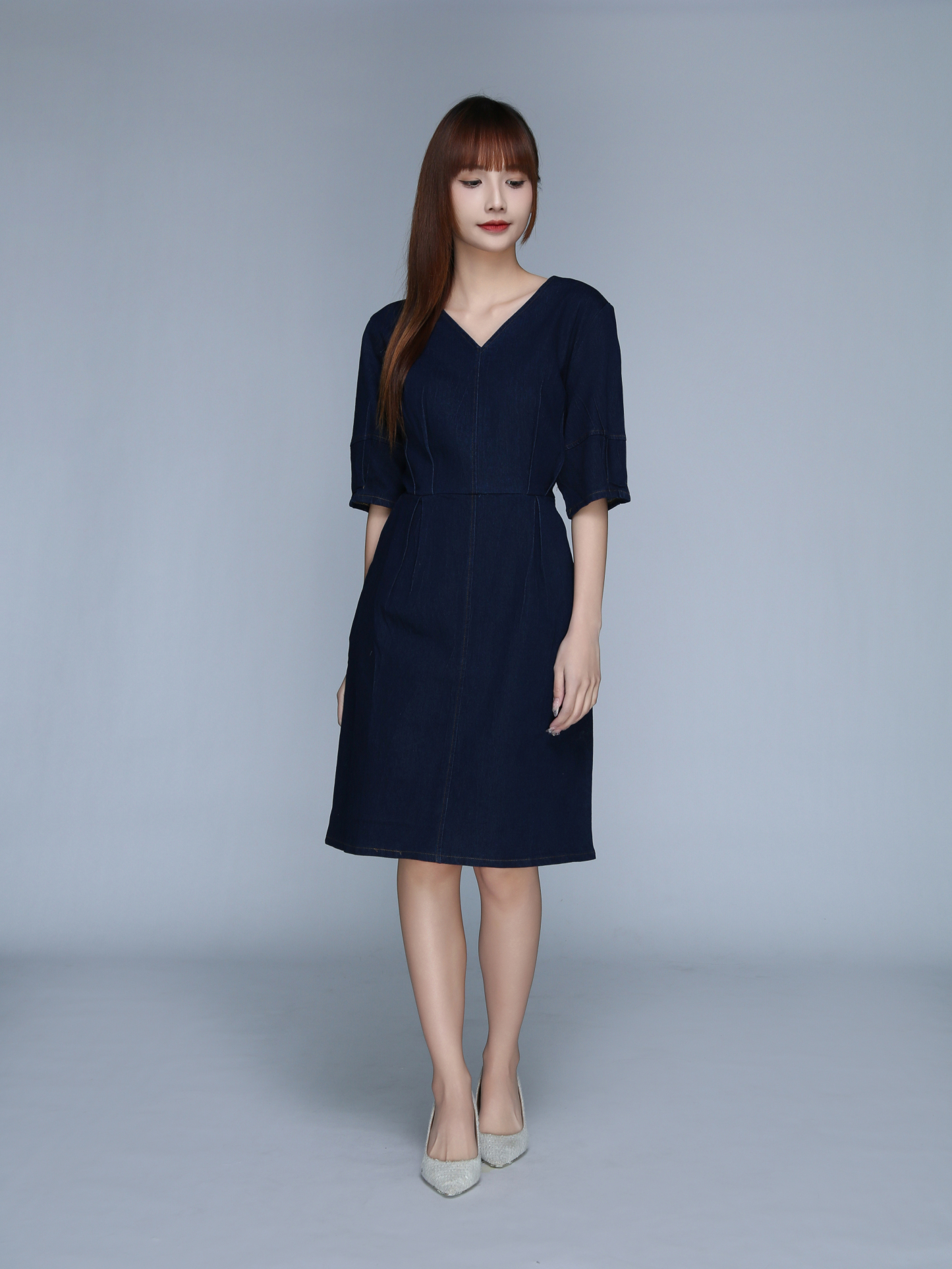 V Neck Denim Puff Sleeve Dress 22922