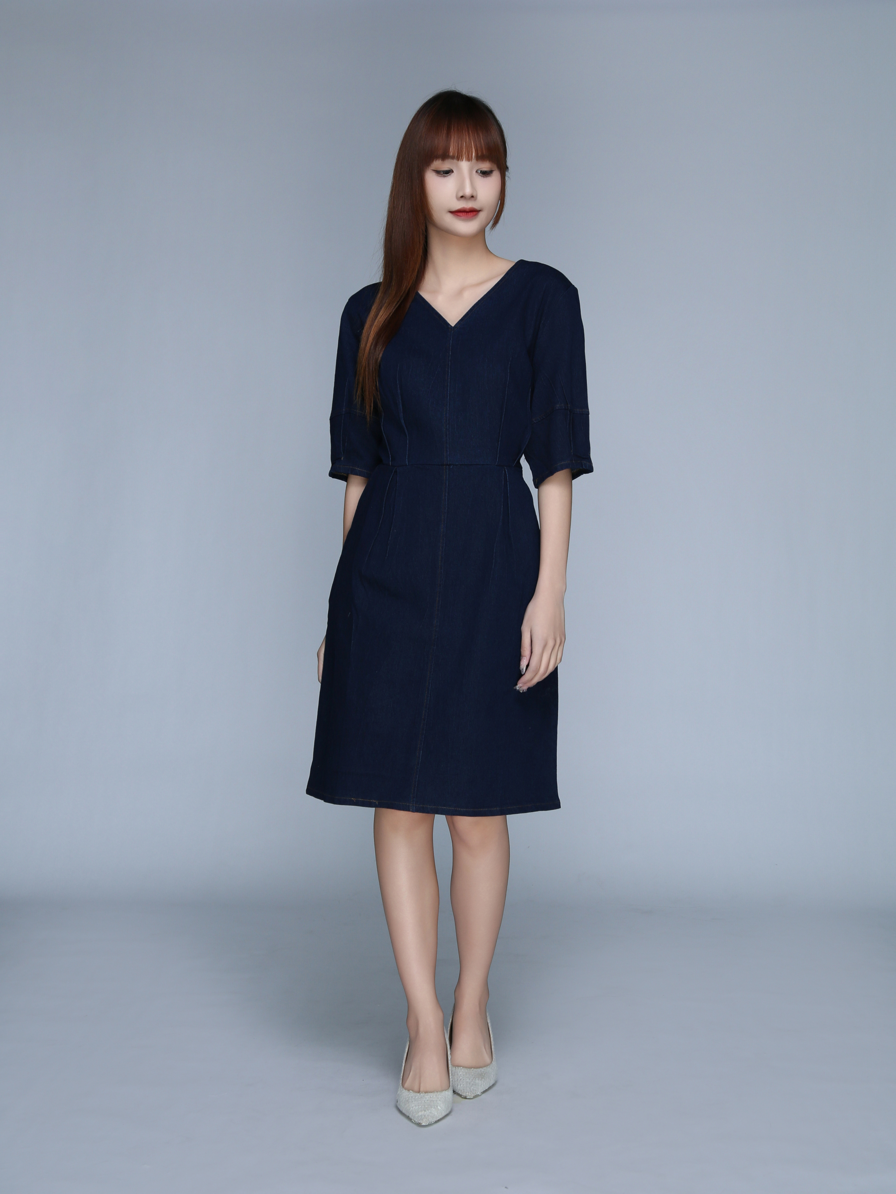 V Neck Denim Puff Sleeve Dress 22922