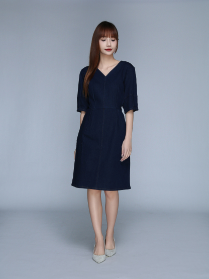 V Neck Denim Puff Sleeve Dress 22922