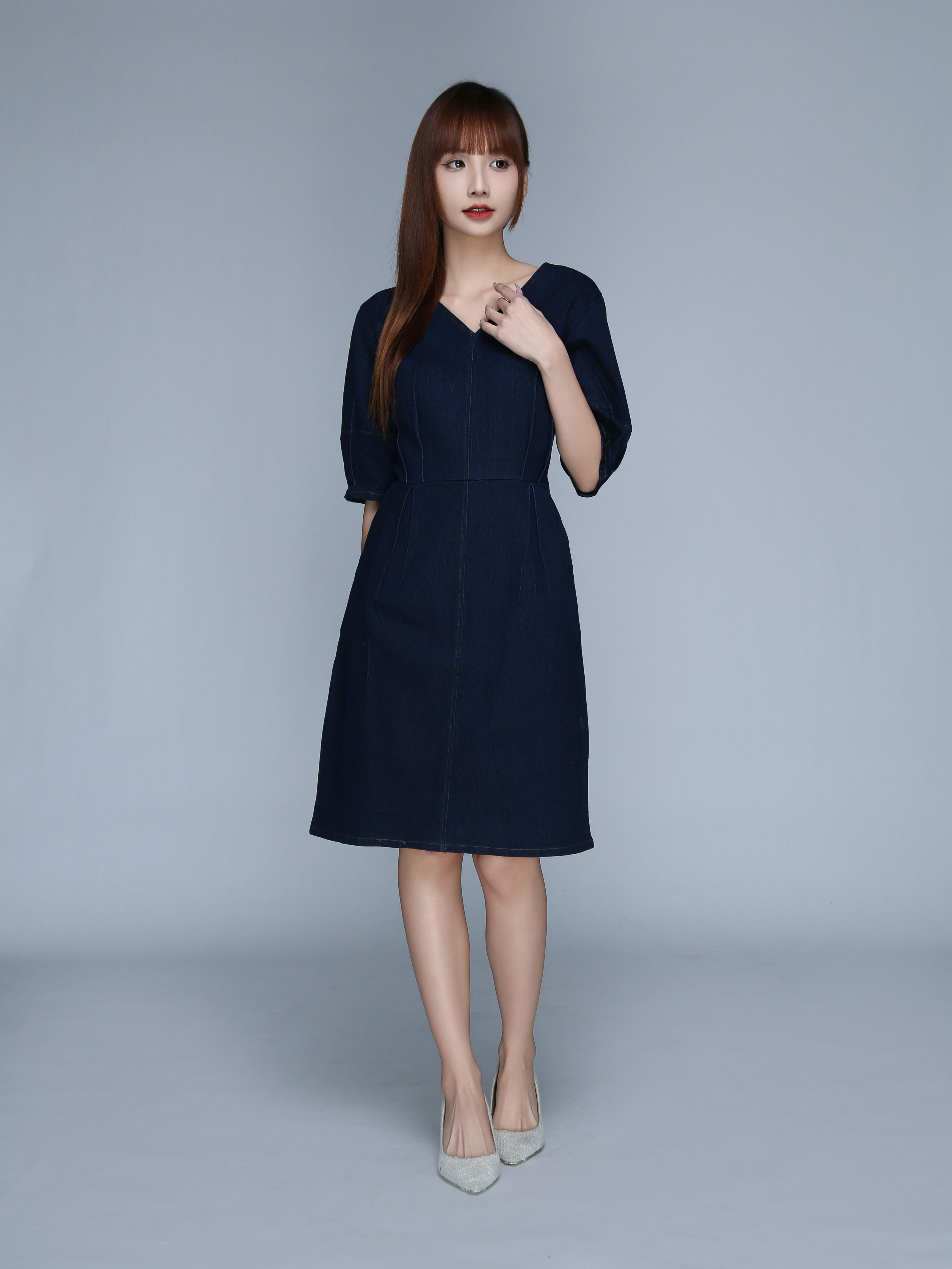 V Neck Denim Puff Sleeve Dress 22922