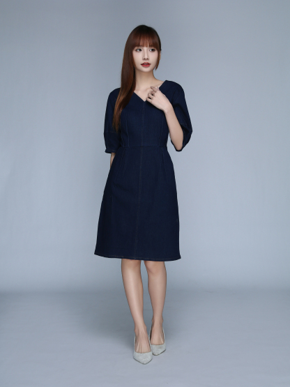 V Neck Denim Puff Sleeve Dress 22922