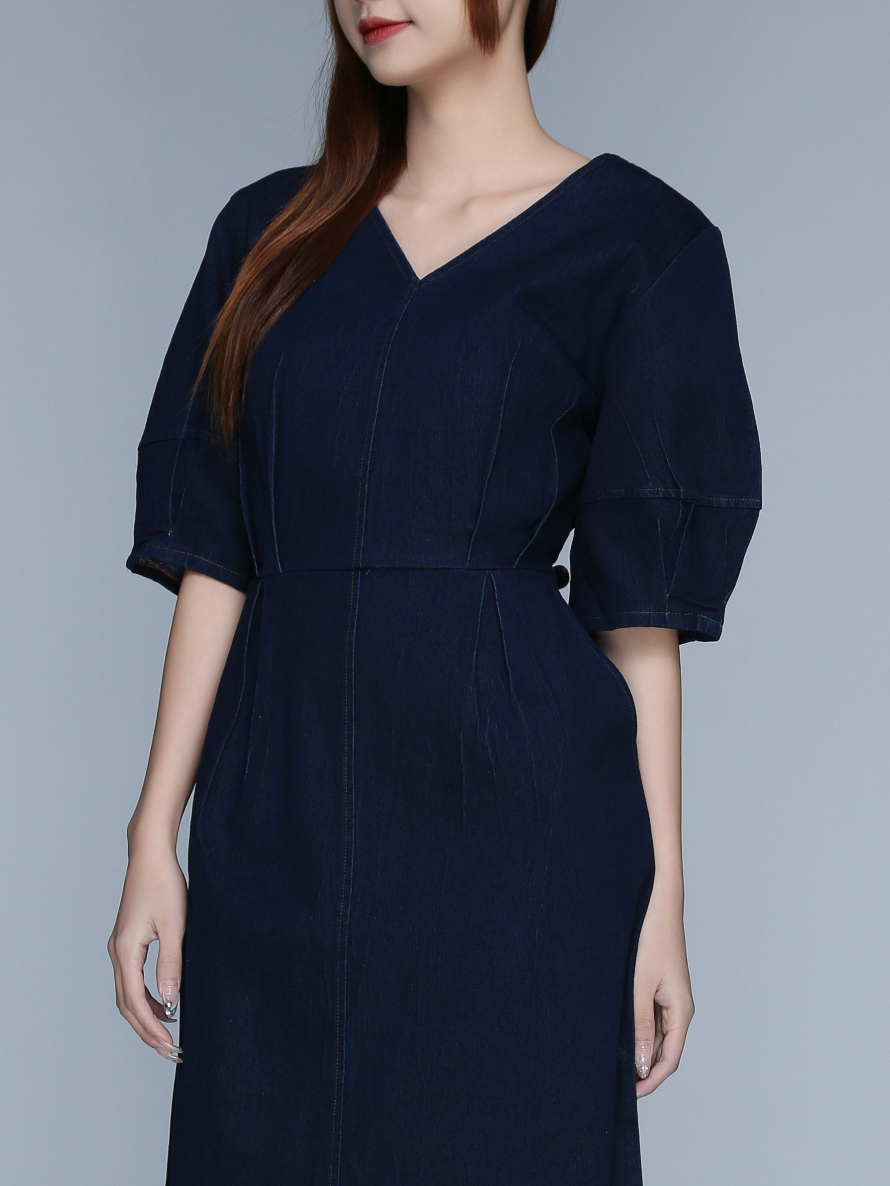 V Neck Denim Puff Sleeve Dress 22922