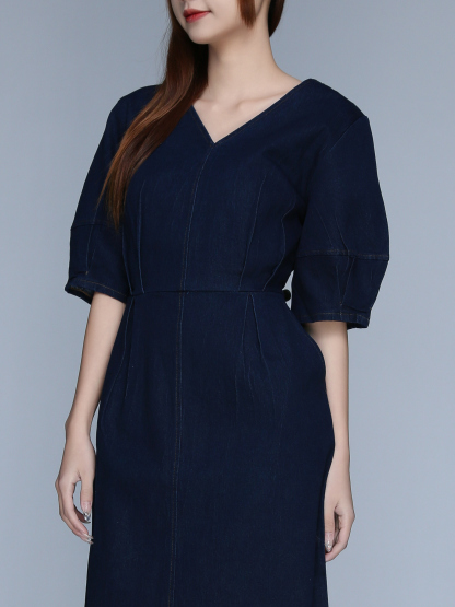 V Neck Denim Puff Sleeve Dress 22922