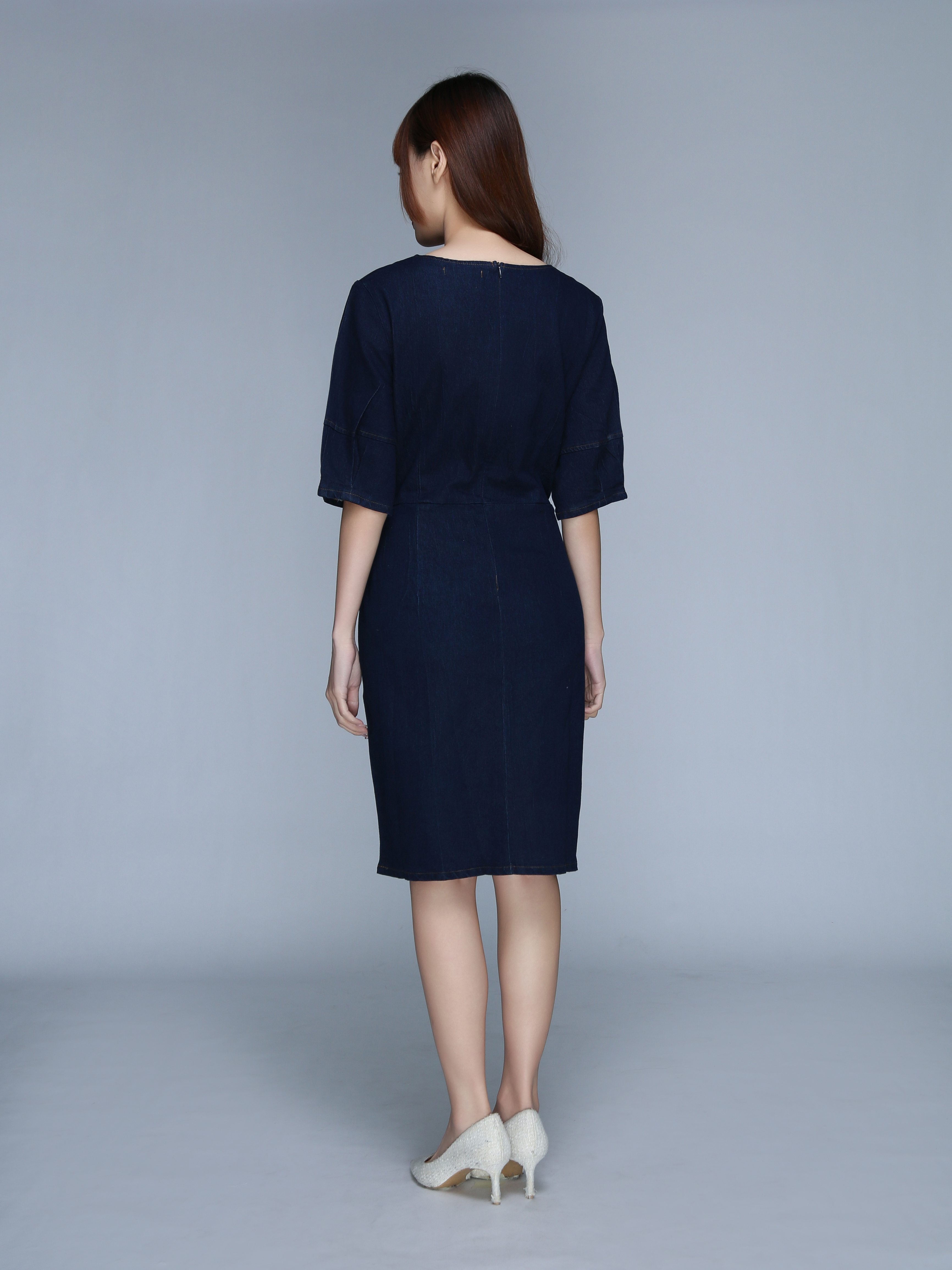 V Neck Denim Puff Sleeve Dress 22922