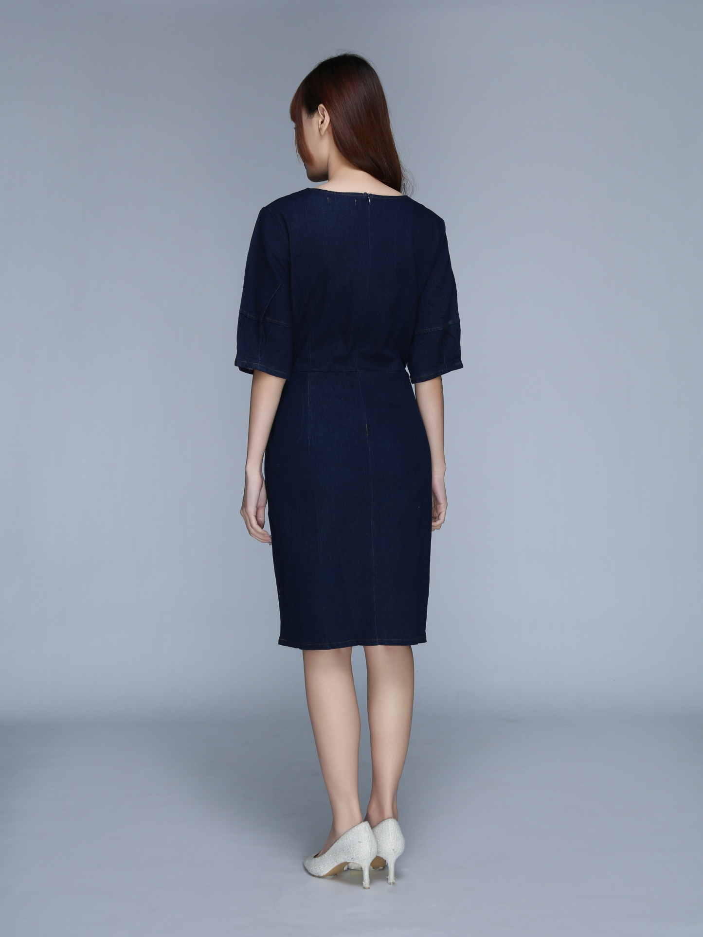 V Neck Denim Puff Sleeve Dress 22922