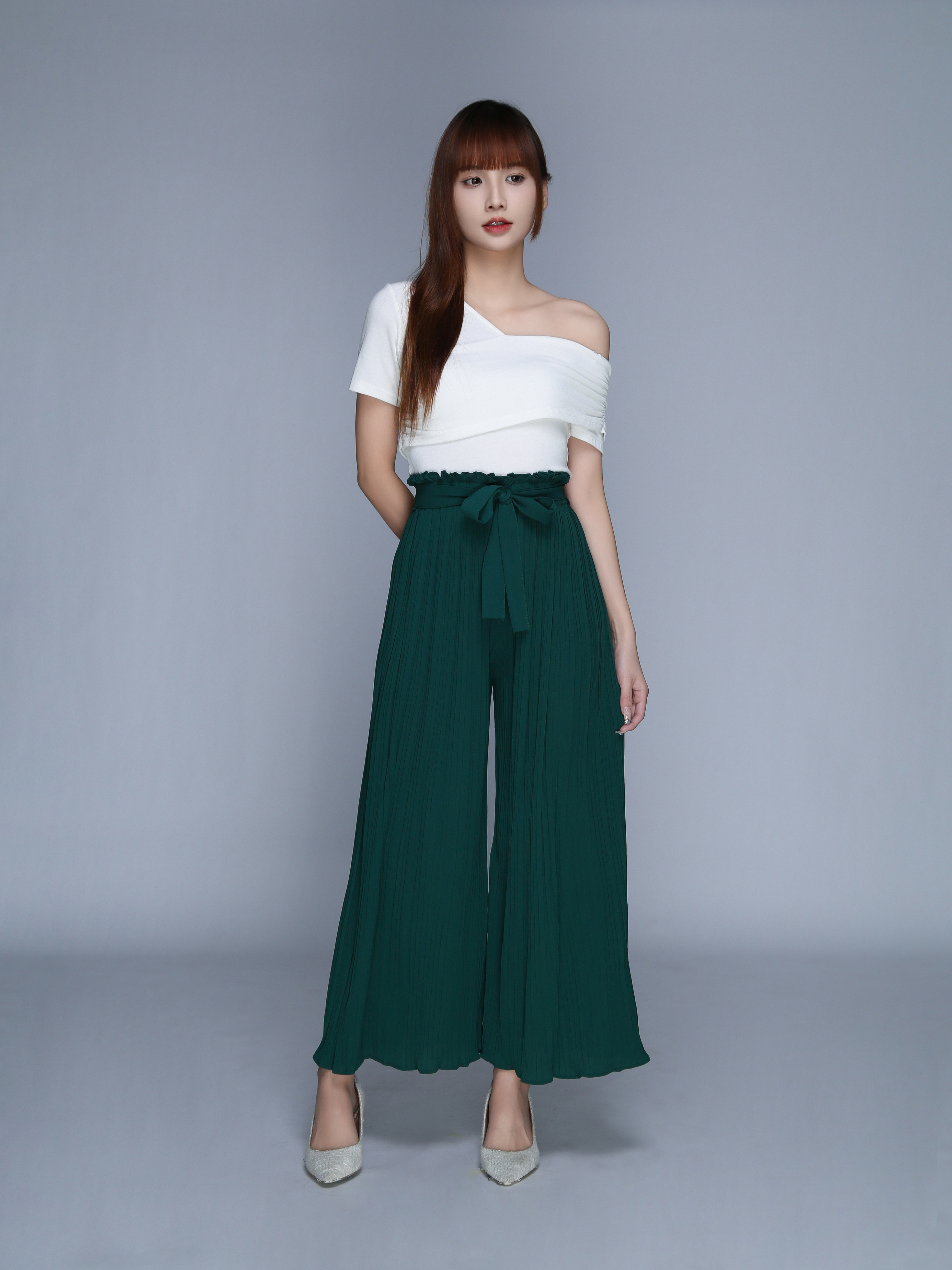 High Waist Pleated With Belt Long Pants 22979