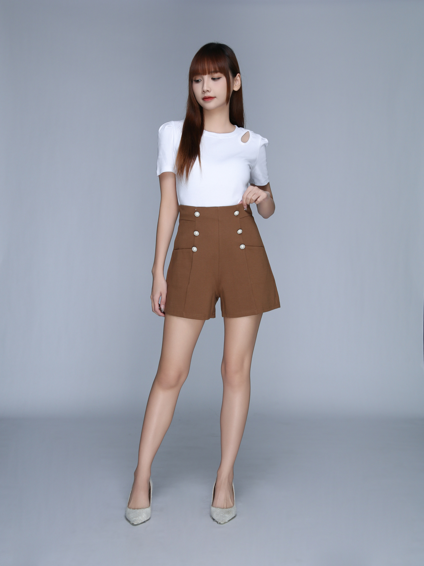 High Waist Side Decorative Button Short Pants 22983