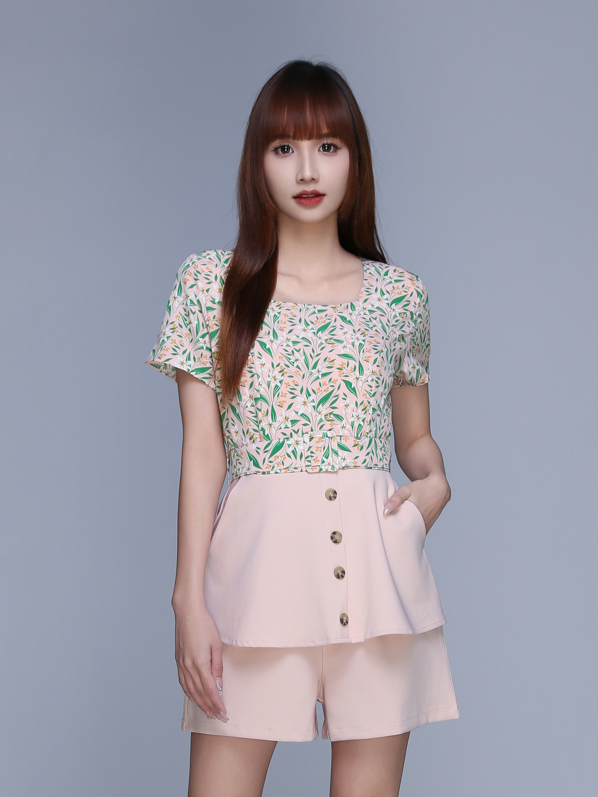 Floral Square Neck With Plain Bottom Jumpsuit 22984