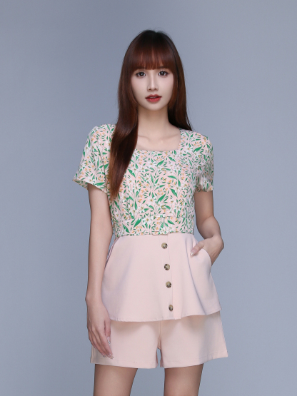 Floral Square Neck With Plain Bottom Jumpsuit 22984