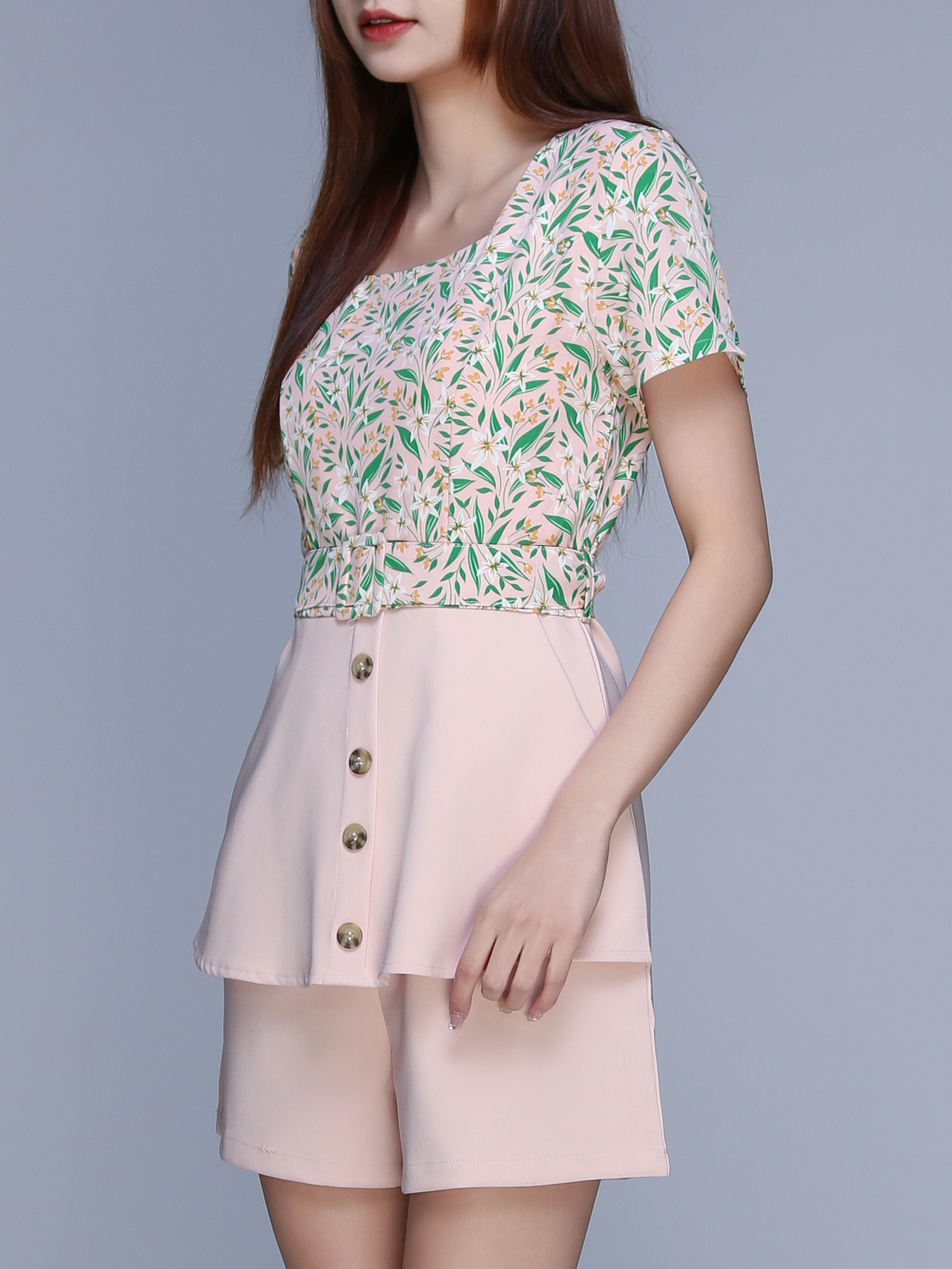 Floral Square Neck With Plain Bottom Jumpsuit 22984