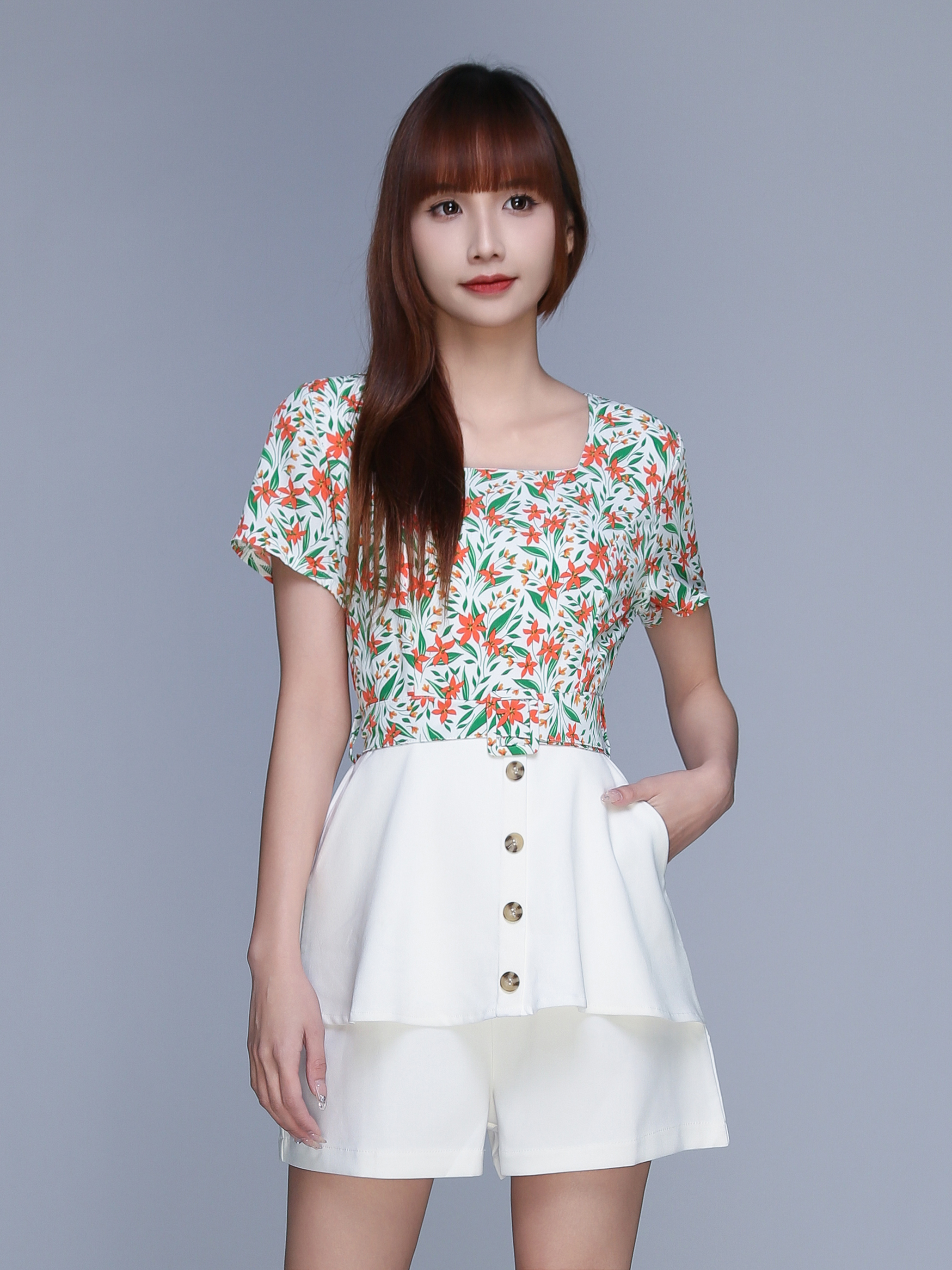 Floral Square Neck With Plain Bottom Jumpsuit 22984