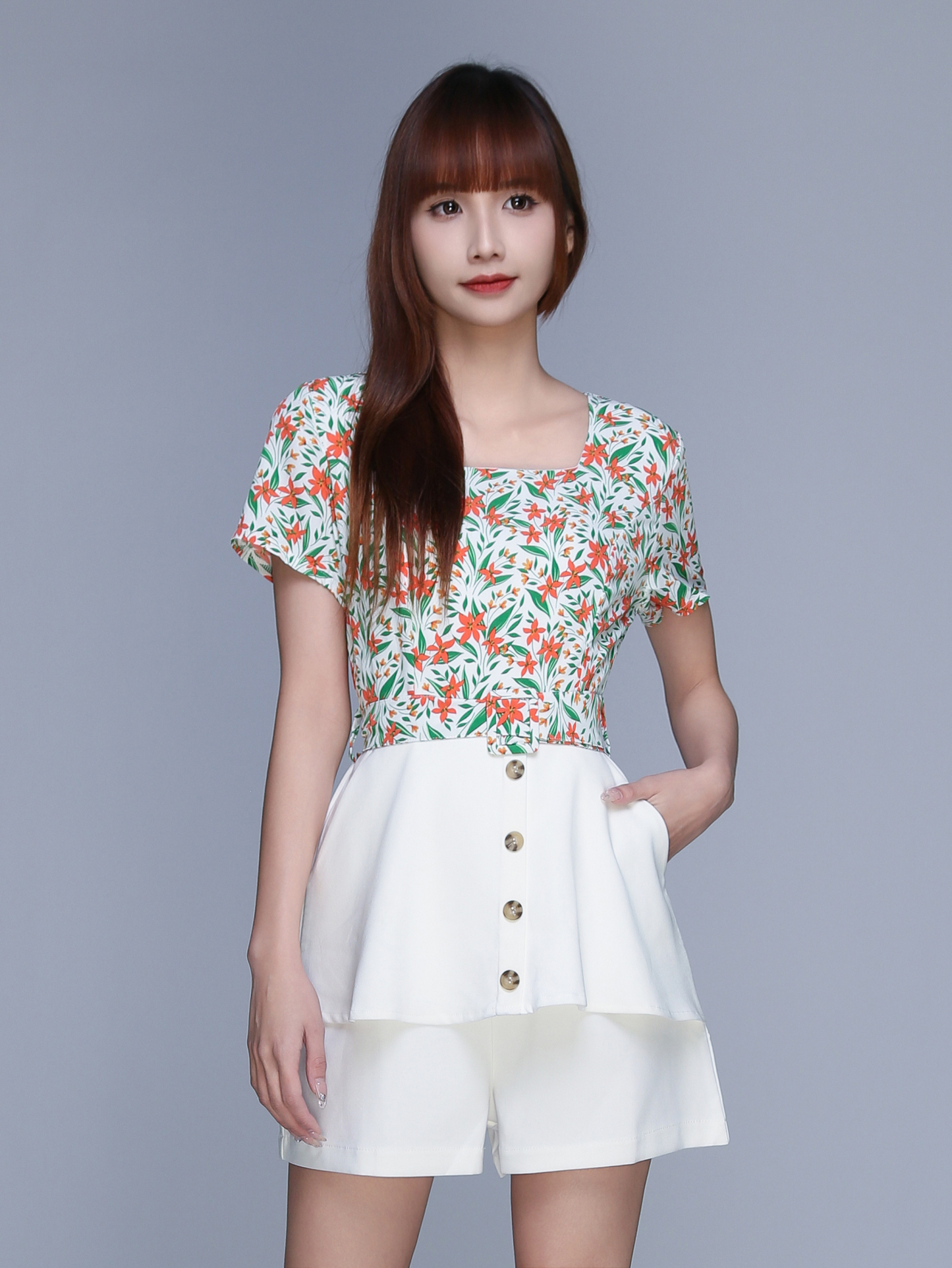 Floral Square Neck With Plain Bottom Jumpsuit 22984
