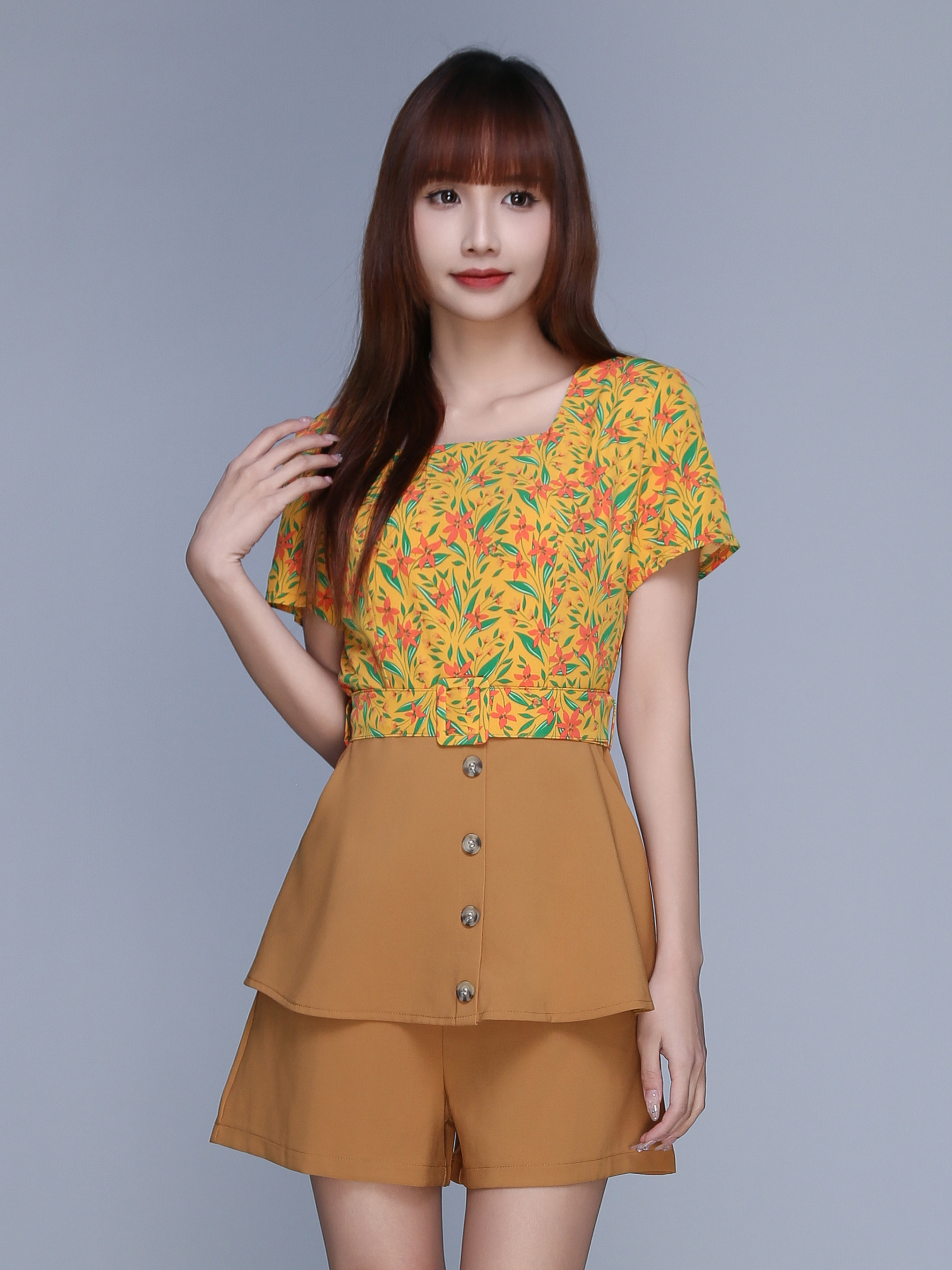 Floral Square Neck With Plain Bottom Jumpsuit 22984