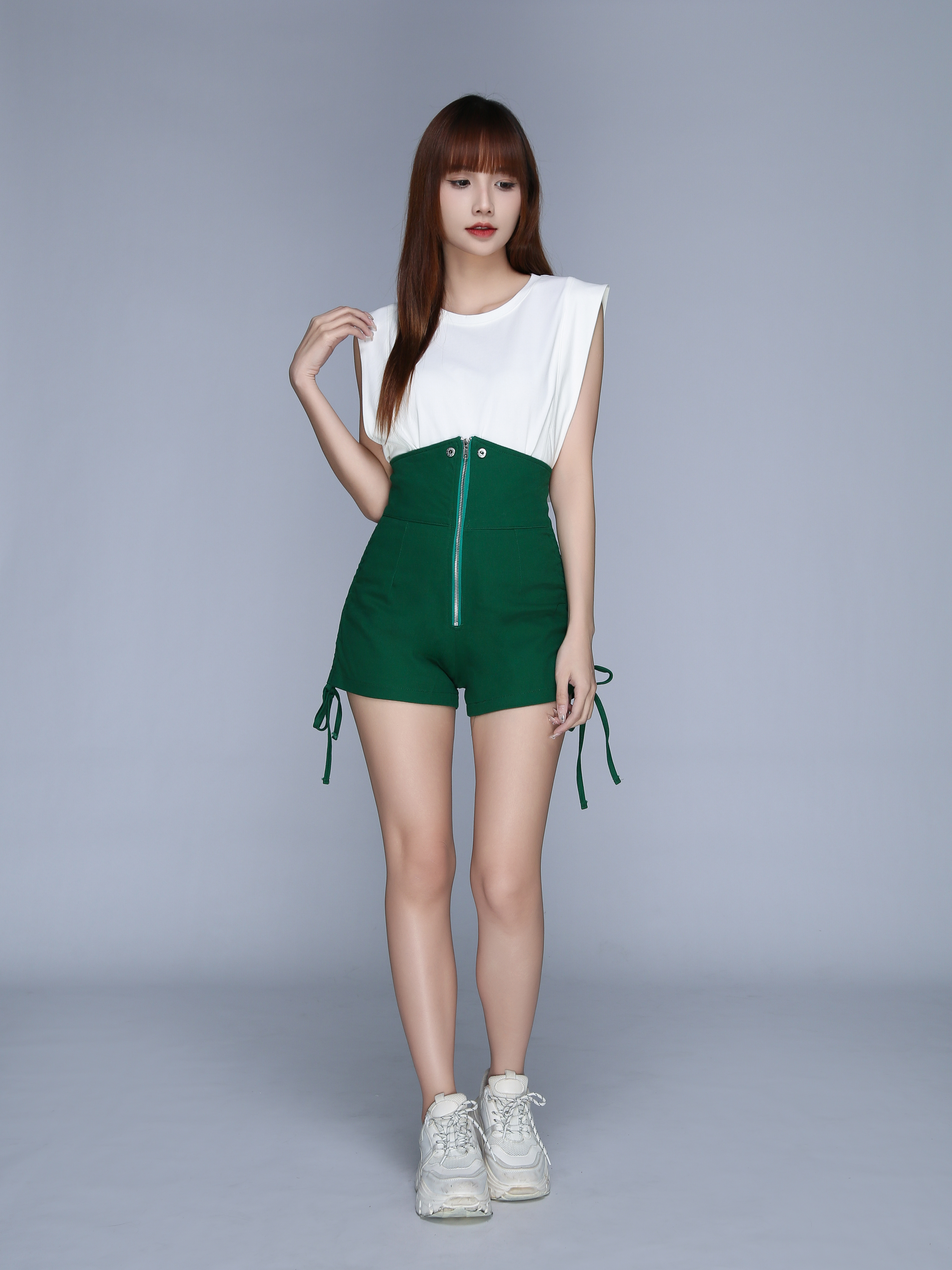 Collar With Front Zip Side Drawstring Short Pants 22991