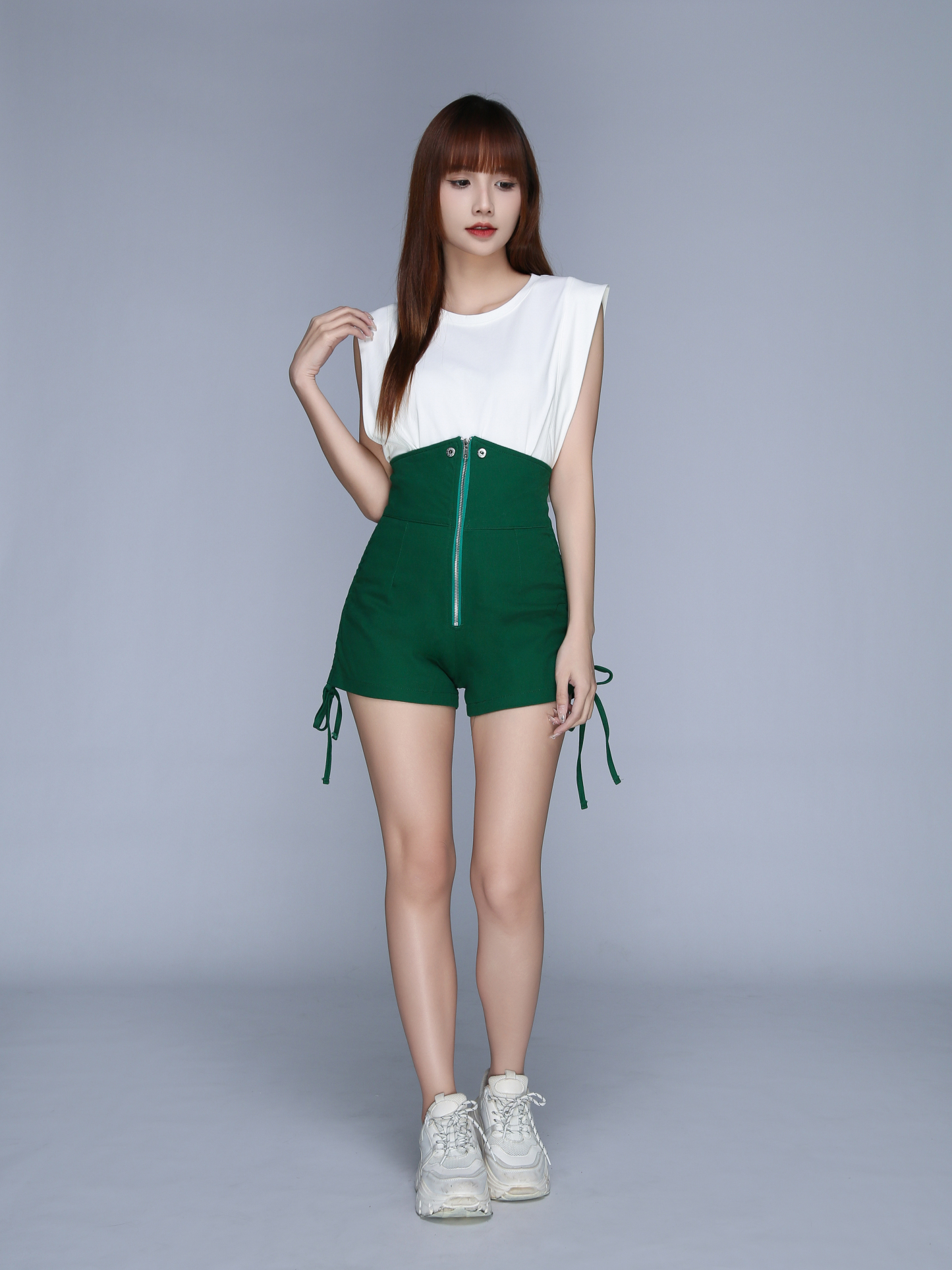 Collar With Front Zip Side Drawstring Short Pants 22991