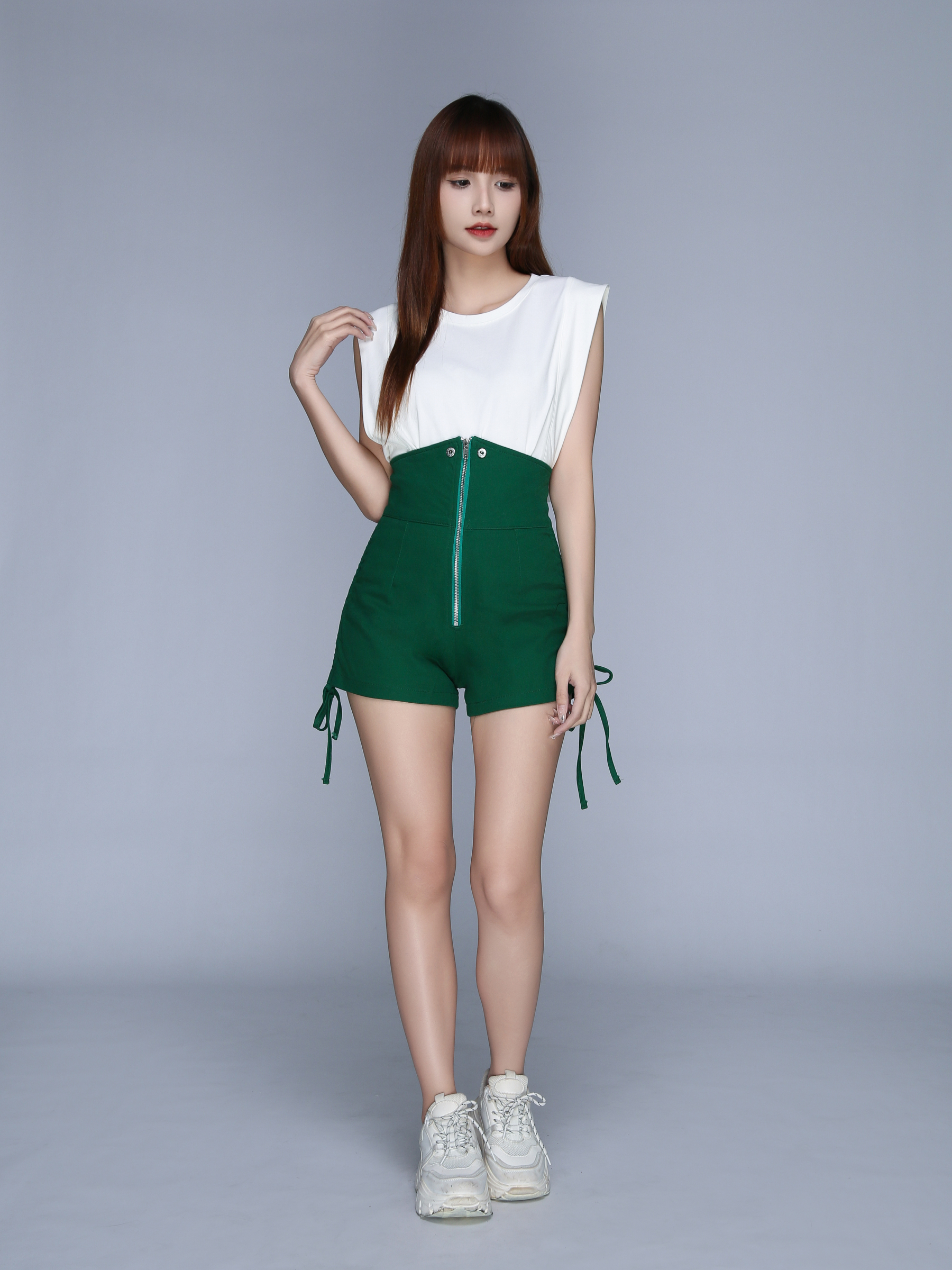 Collar With Front Zip Side Drawstring Short Pants 22991