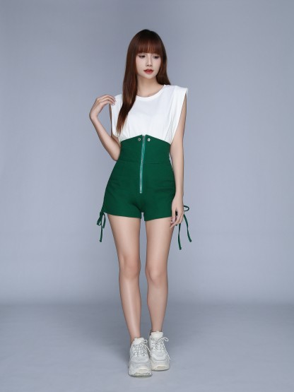 Collar With Front Zip Side Drawstring Short Pants 22991
