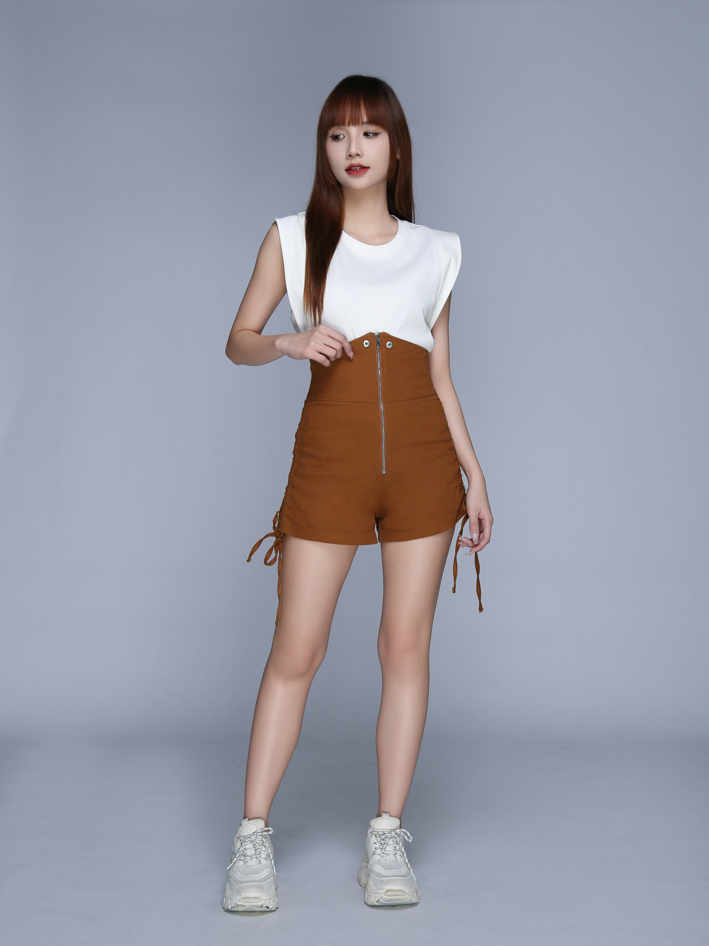 Collar With Front Zip Side Drawstring Short Pants 22991