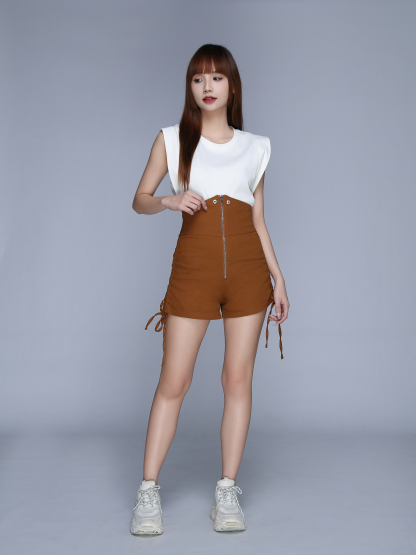 Collar With Front Zip Side Drawstring Short Pants 22991