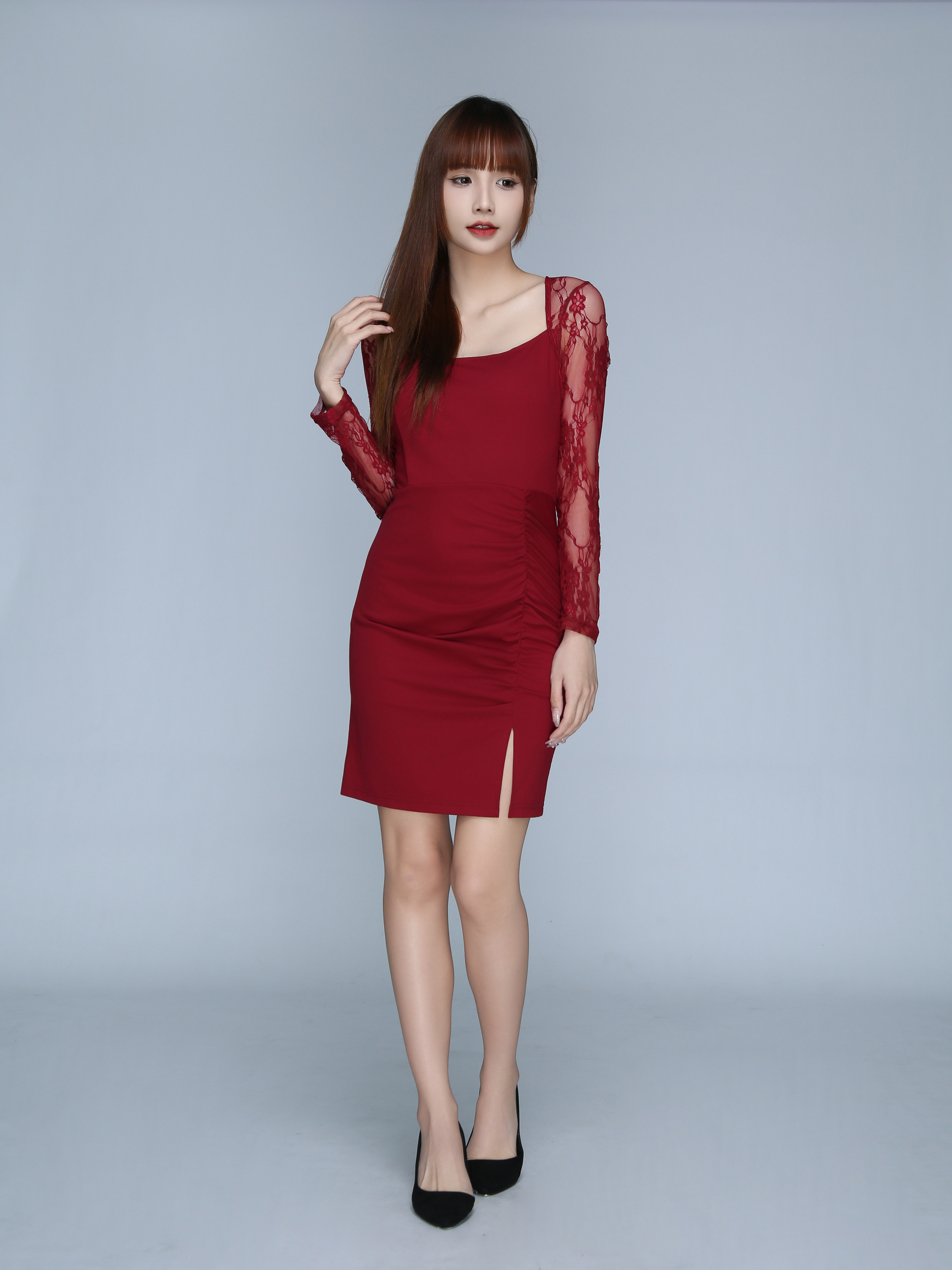 Fake Two Piece Lace Long Sleeve Side Pleated With Split Dress 23014