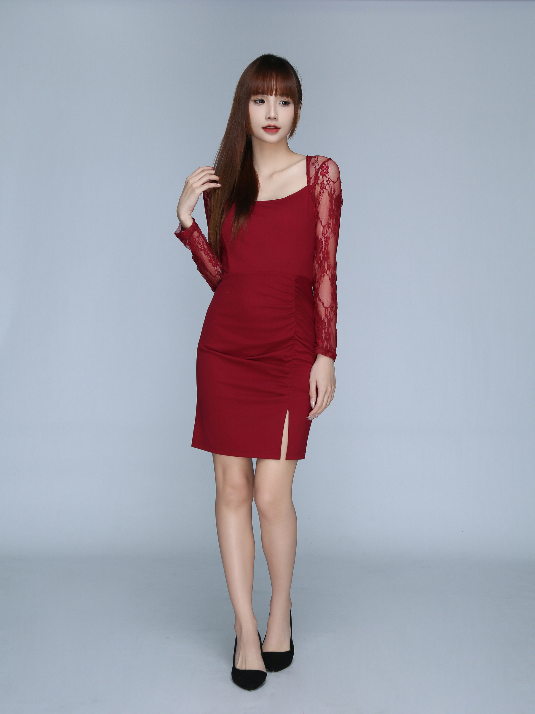 Fake Two Piece Lace Long Sleeve Side Pleated With Split Dress 23014