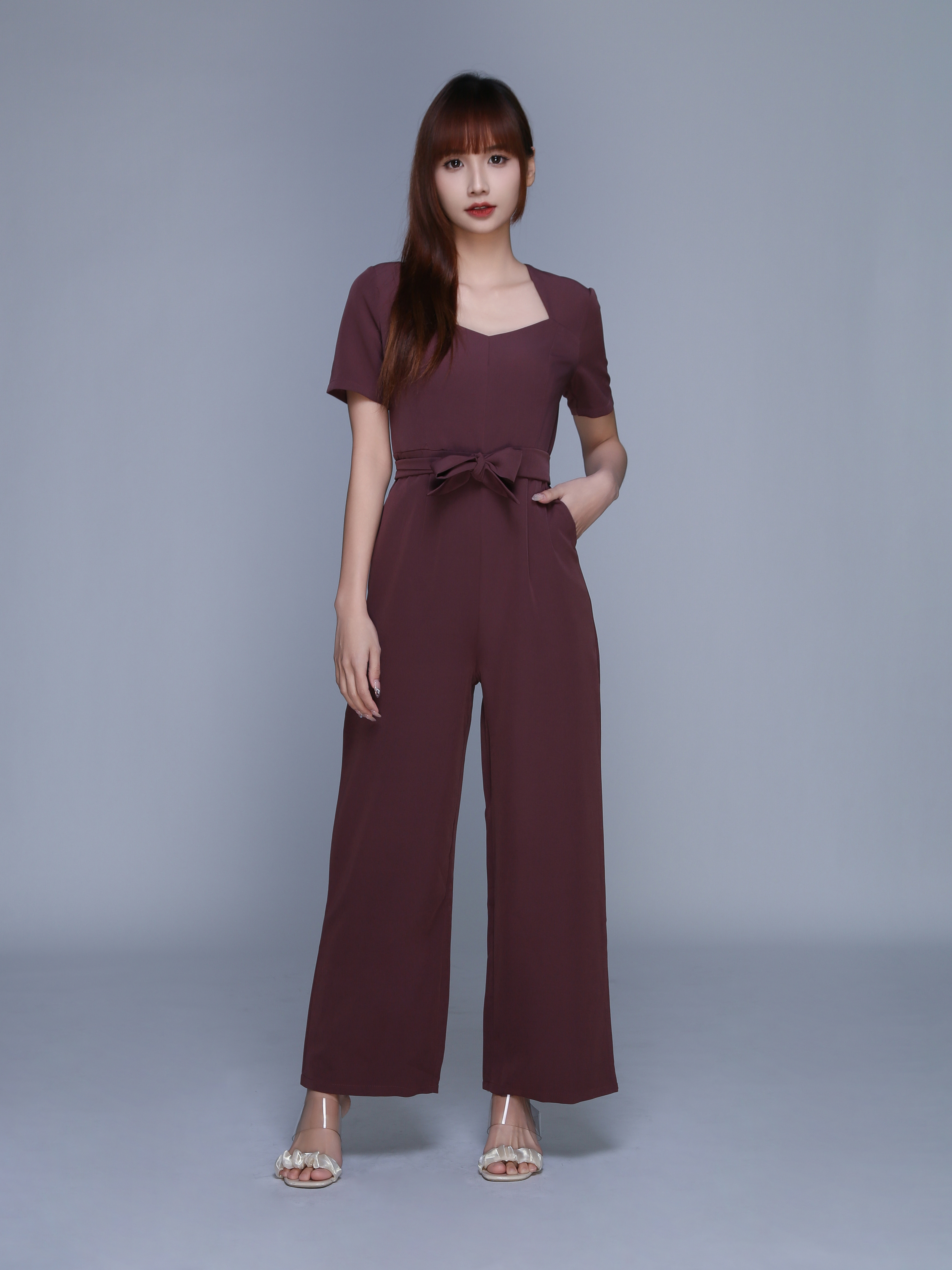 Sweetheart Neckline Short Sleeve Jumpsuit With Belt 23043