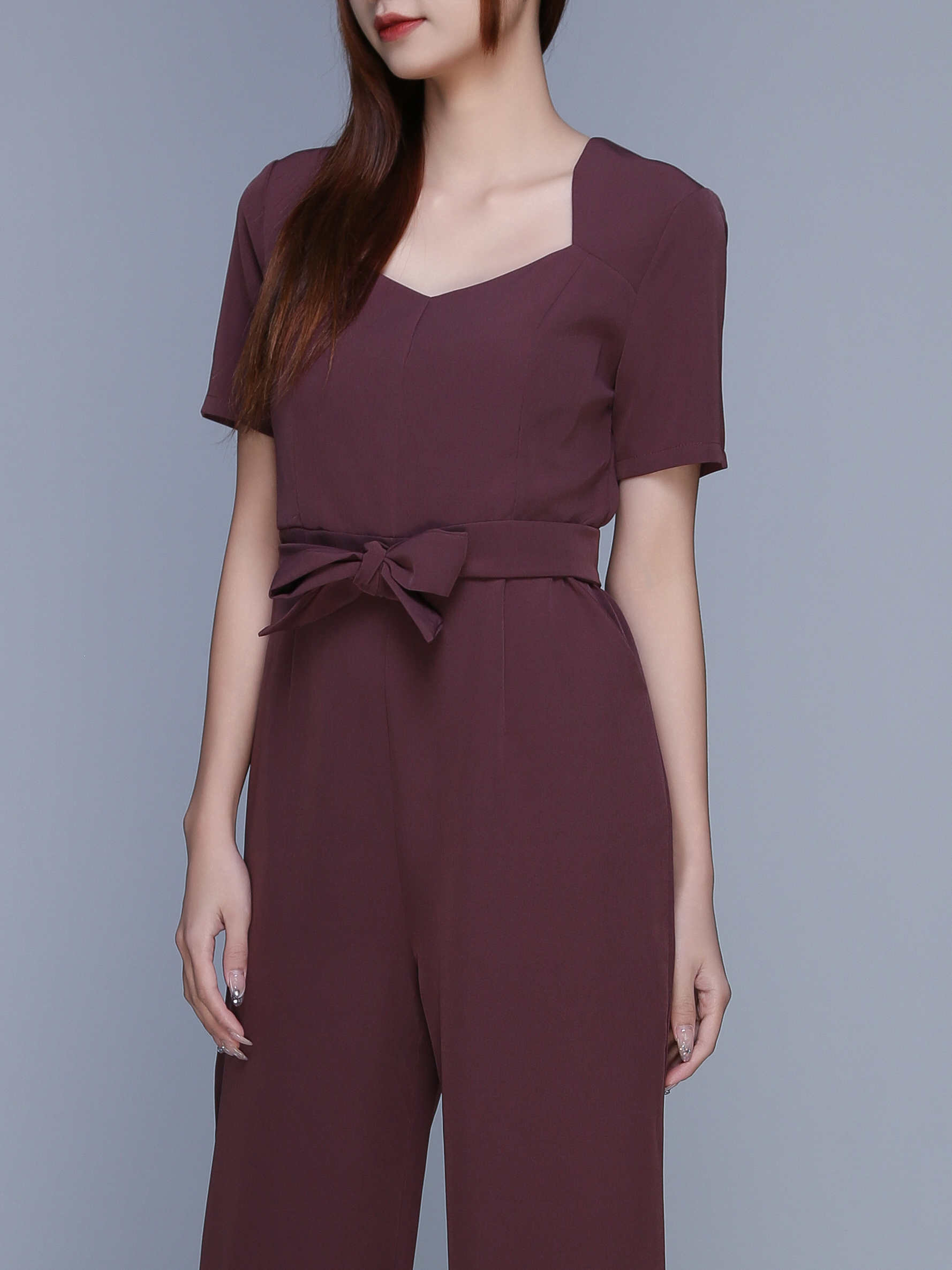 Sweetheart Neckline Short Sleeve Jumpsuit With Belt 23043