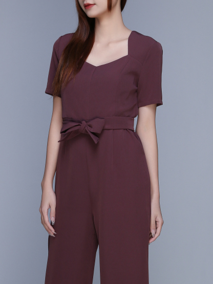 Sweetheart Neckline Short Sleeve Jumpsuit With Belt 23043