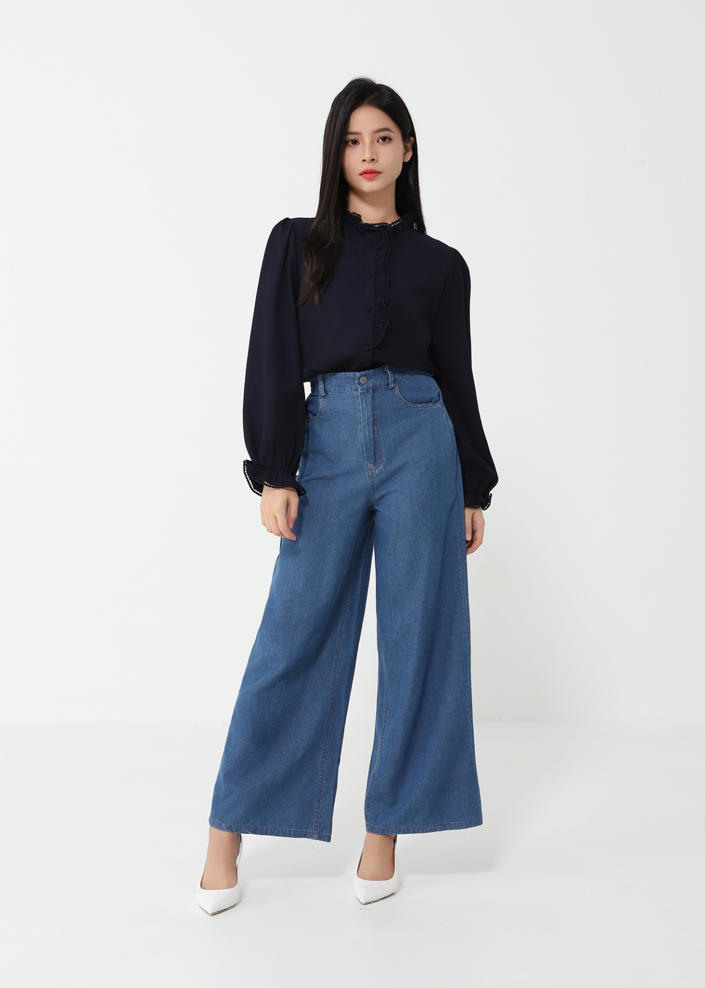 Ruffles Blouse With Denim Long Pants Set 47809