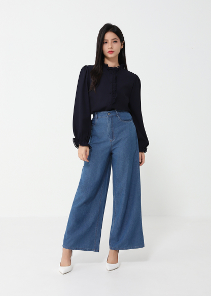 Ruffles Blouse With Denim Long Pants Set 47809