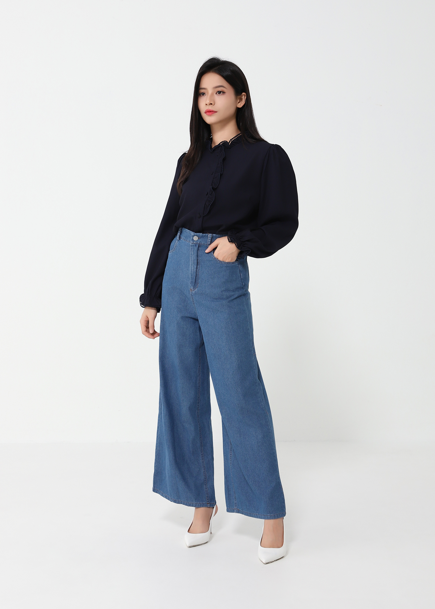 Ruffles Blouse With Denim Long Pants Set 47809